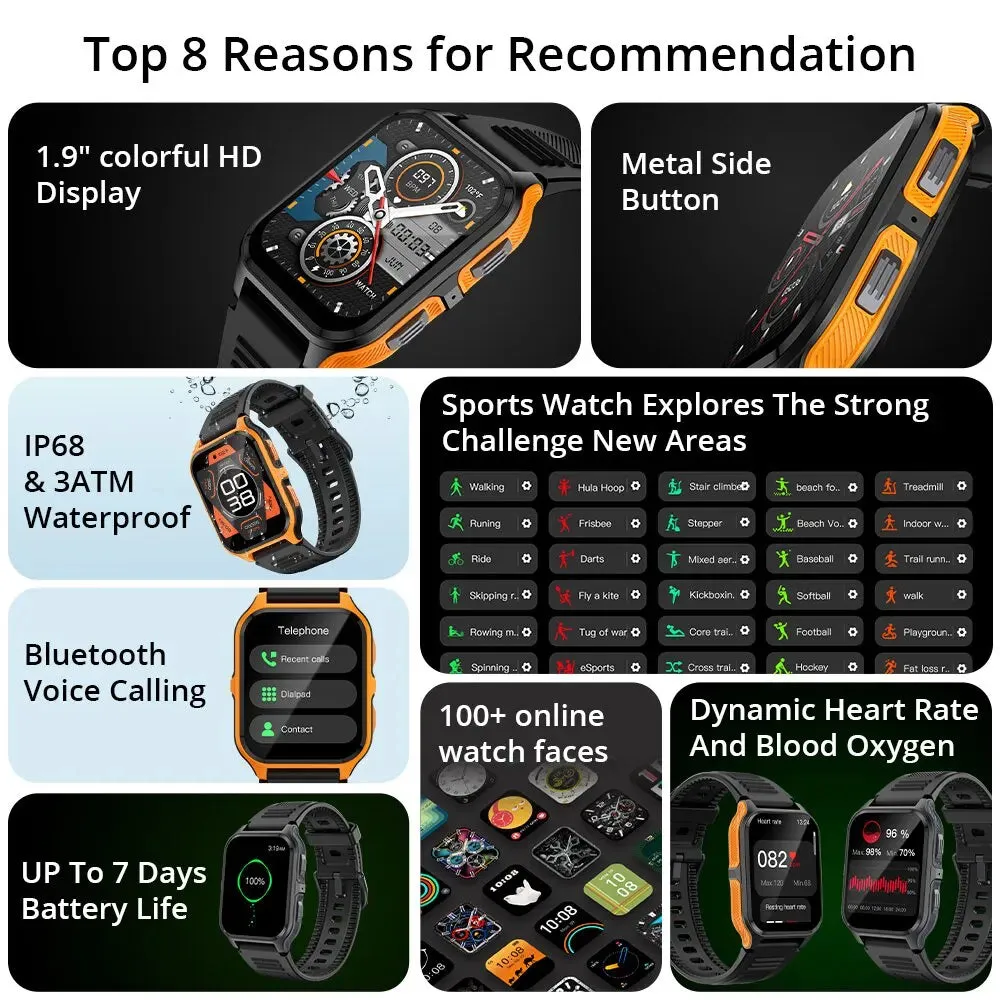 1.9 Inch Ip68 Waterproof Military Smartwatch For Android & Ios