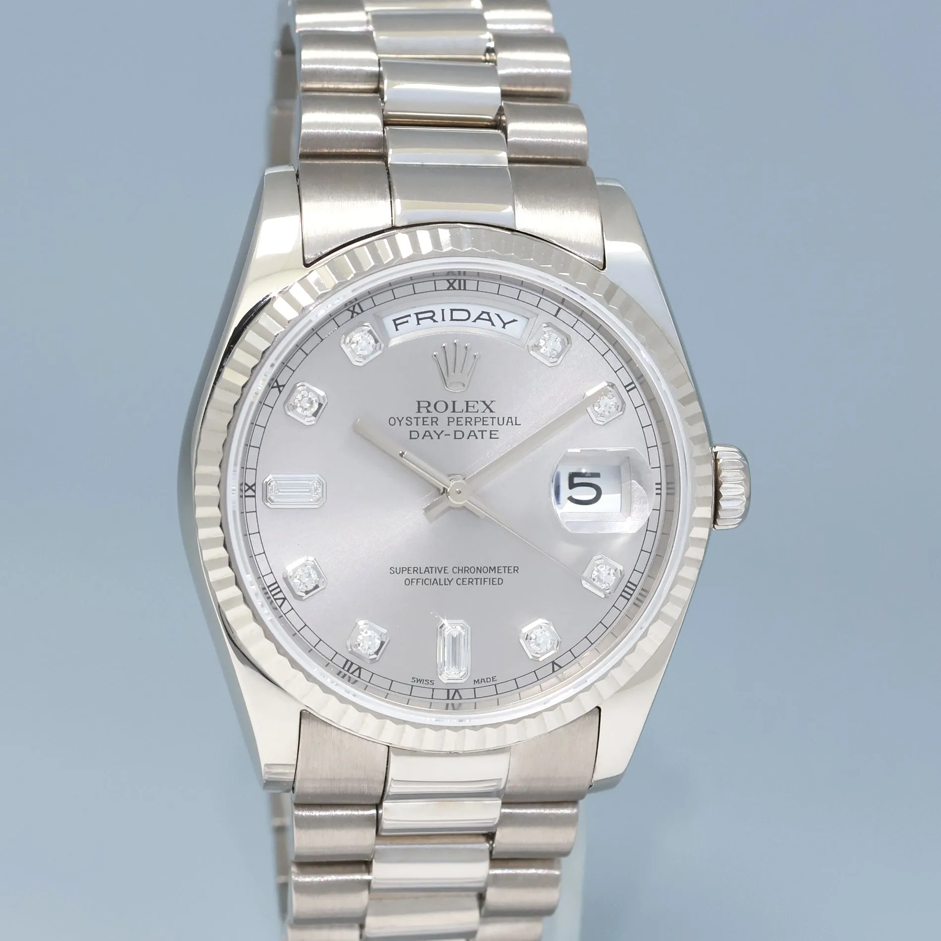 2001 MINT Rolex President Day Date 36mm Silver Diamond 118239 White Gold Watch Box