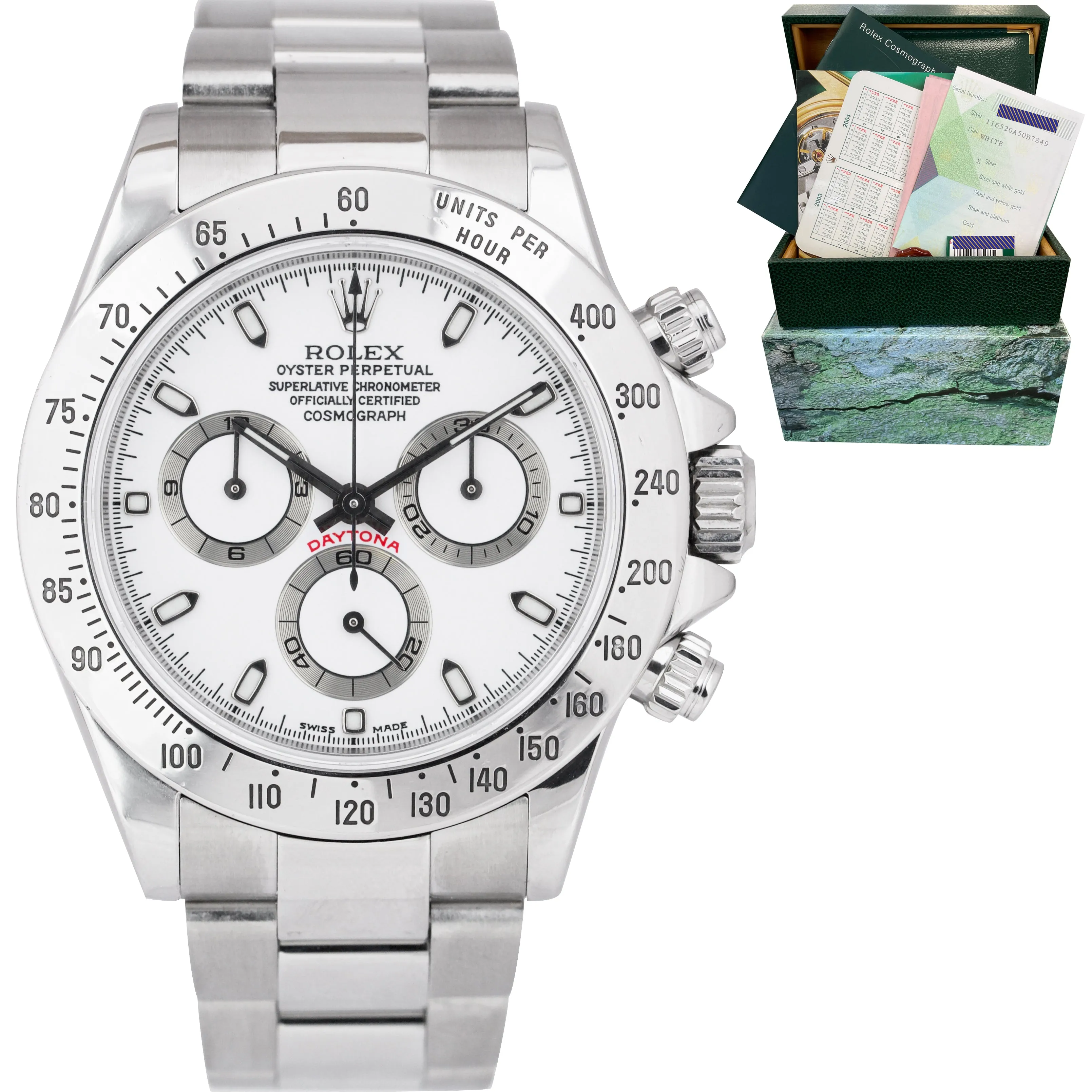 2003 THIN HANDS Rolex Daytona 116520 White 40mm Stainless Steel Watch Box Papers