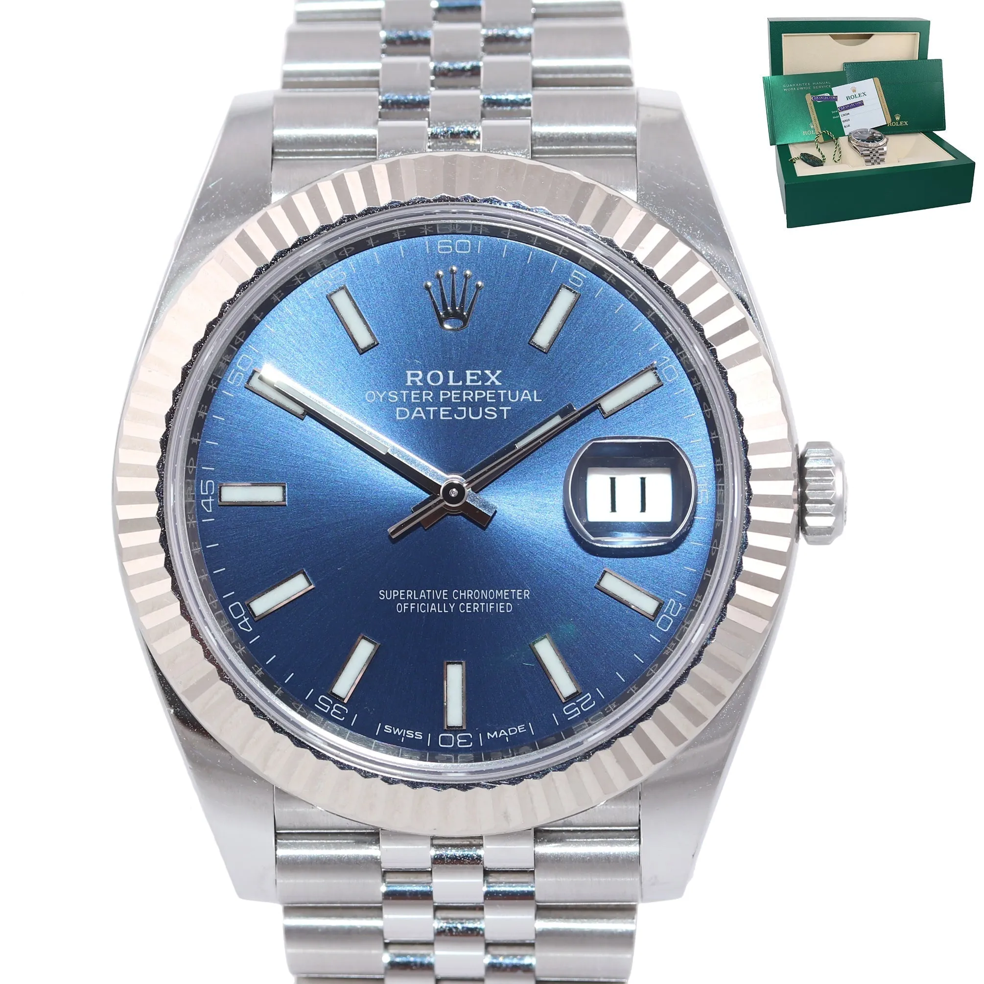 2017 PAPERS Rolex DateJust 41 Blue Stick Super Jubilee Fluted 126334 Watch Box