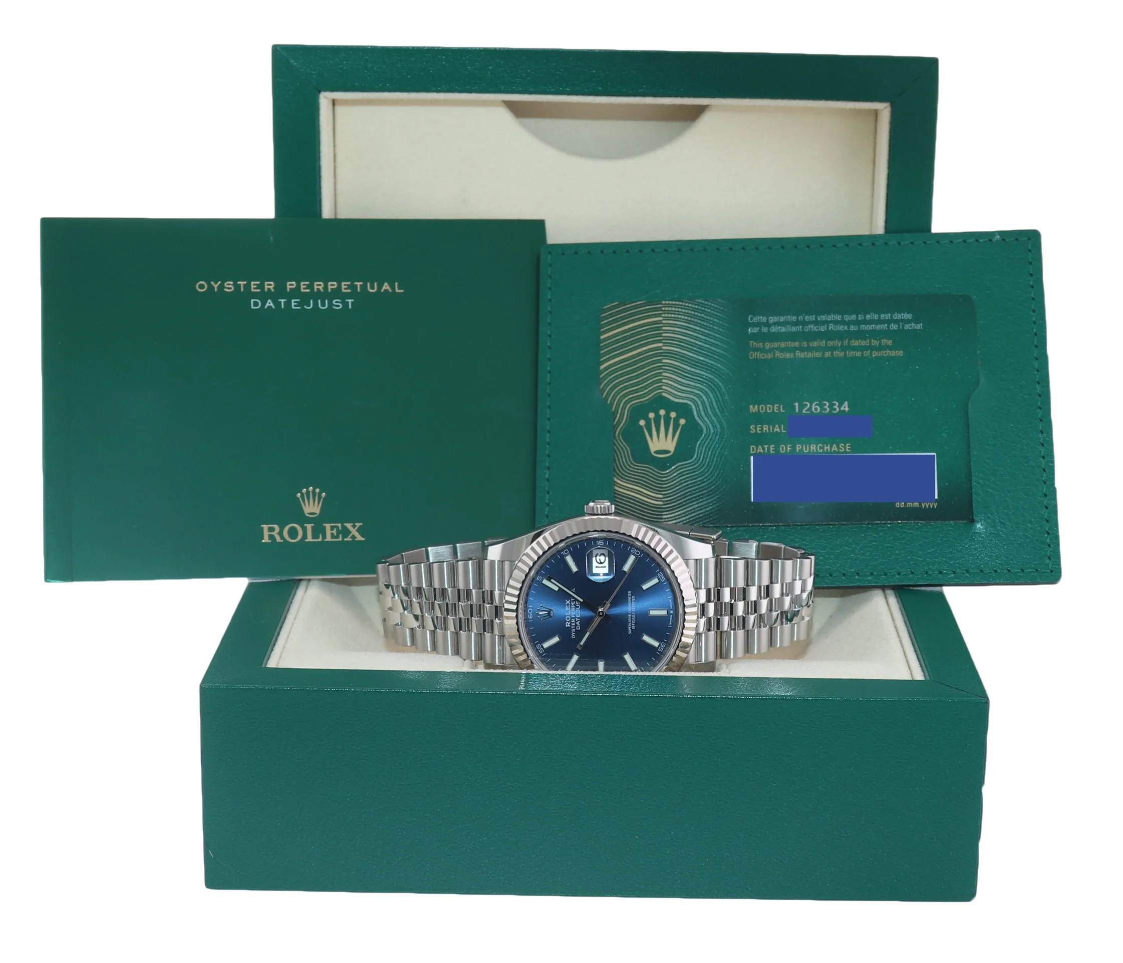 2021 BRAND NEW PAPERS Rolex DateJust 41 Blue Super Jubilee Fluted 126334 Watch