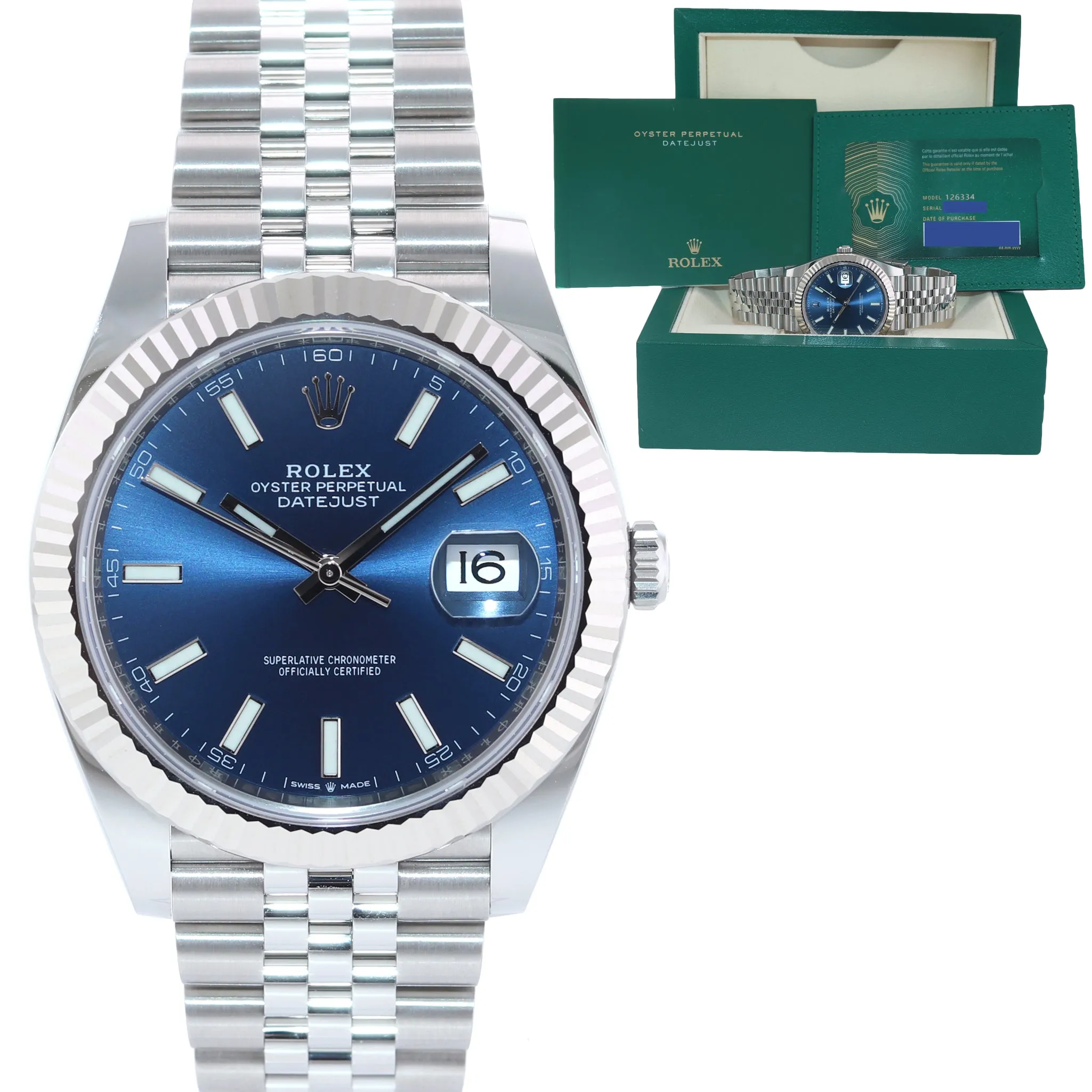 2021 BRAND NEW PAPERS Rolex DateJust 41 Blue Super Jubilee Fluted 126334 Watch
