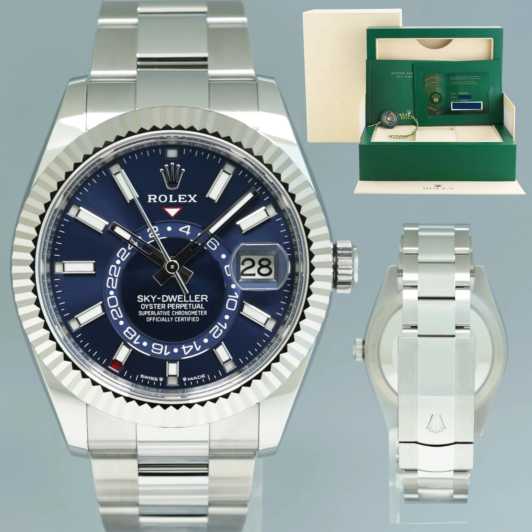 2024 NEW PAPERS Rolex Sky-Dweller Steel 42mm Blue Oyster Fluted 336934 Watch