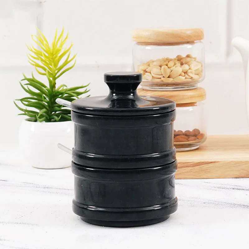 5.5” Marble Dual Salt Cellar With Lid, brown sugar storage containers - Kitchen Decor