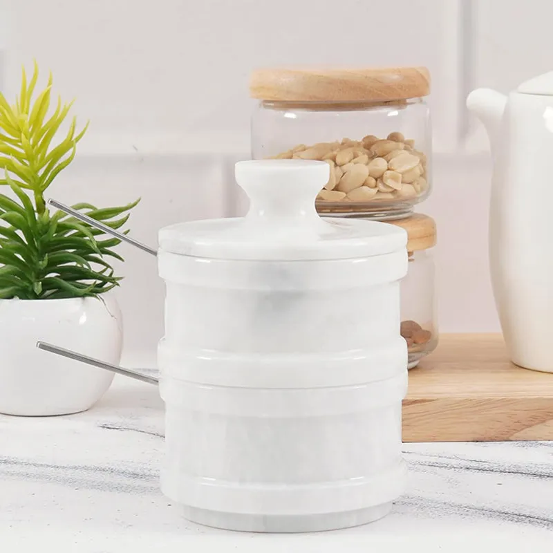 5.5” Marble Dual Salt Cellar With Lid, brown sugar storage containers - Kitchen Decor