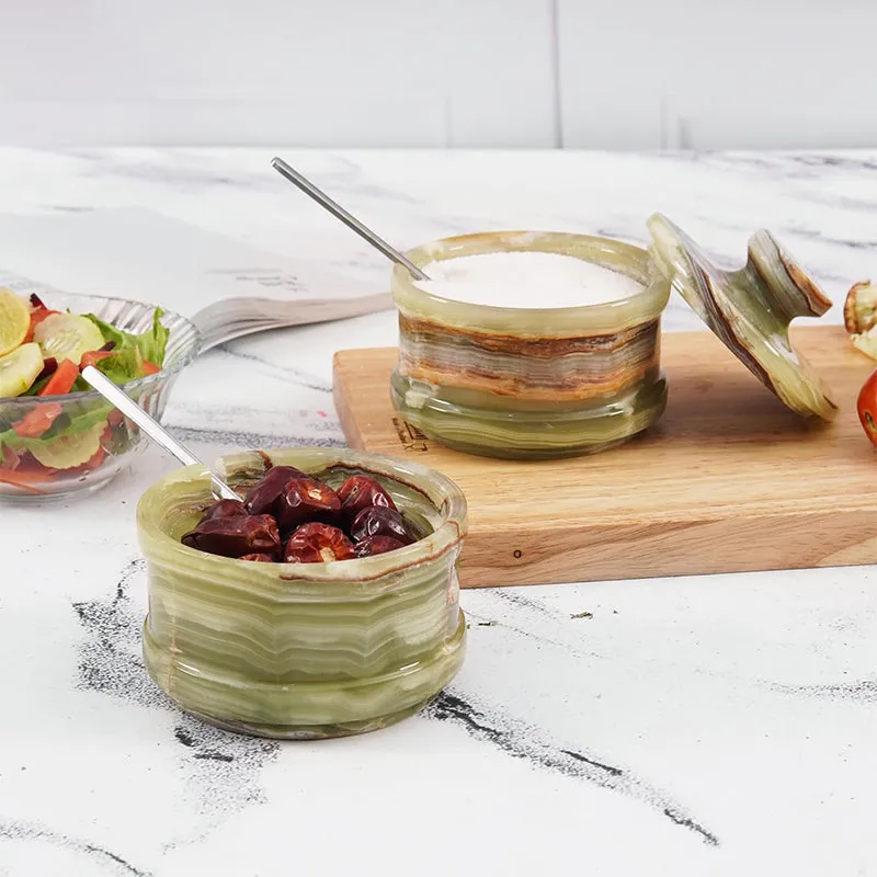 5.5” Marble Dual Salt Cellar With Lid, brown sugar storage containers - Kitchen Decor