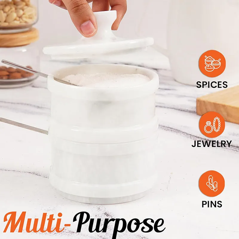 5.5” Marble Dual Salt Cellar With Lid, brown sugar storage containers - Kitchen Decor