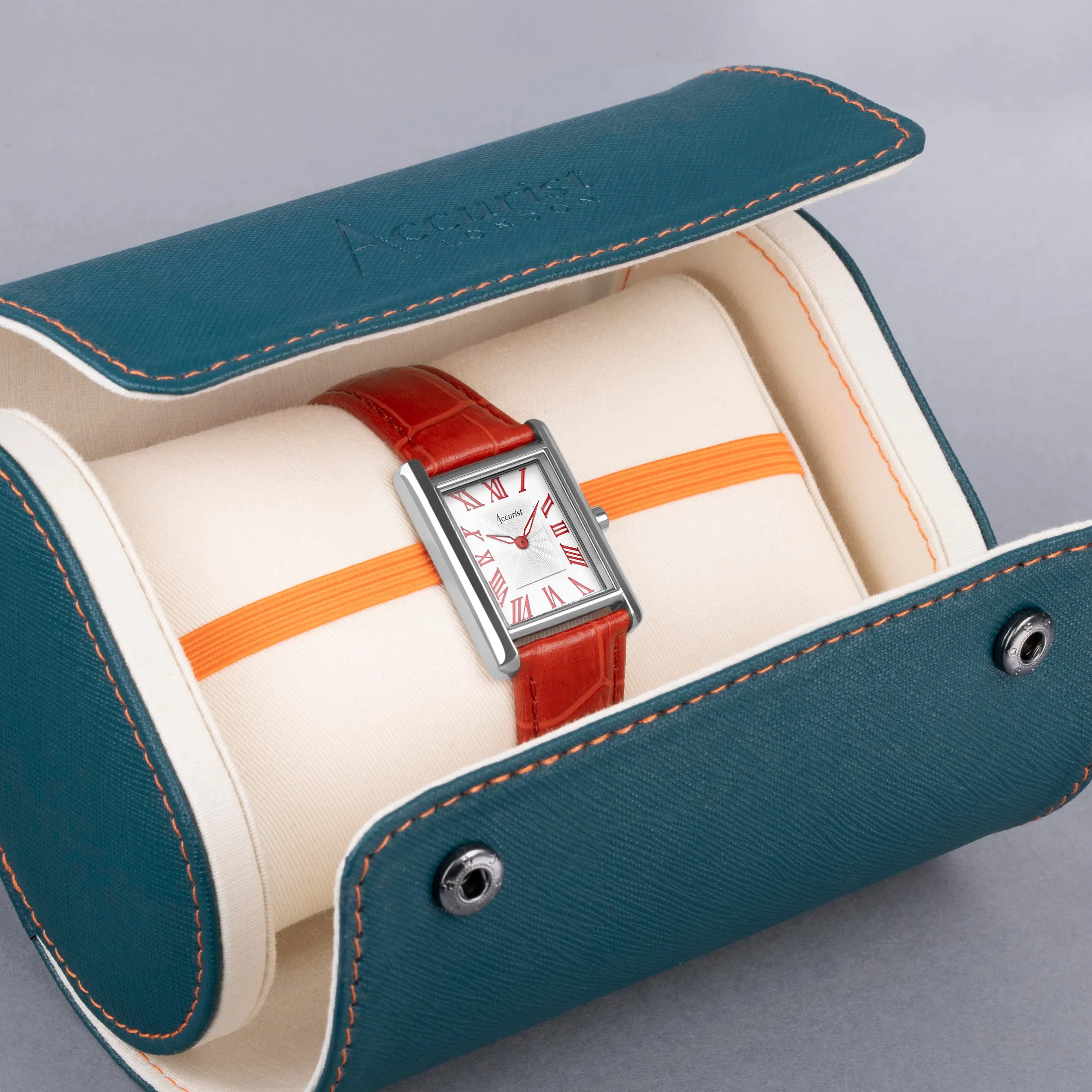 Accurist Rectangle Silver Case & Red Leather Strap with White Dial 26mm Ladies Watch