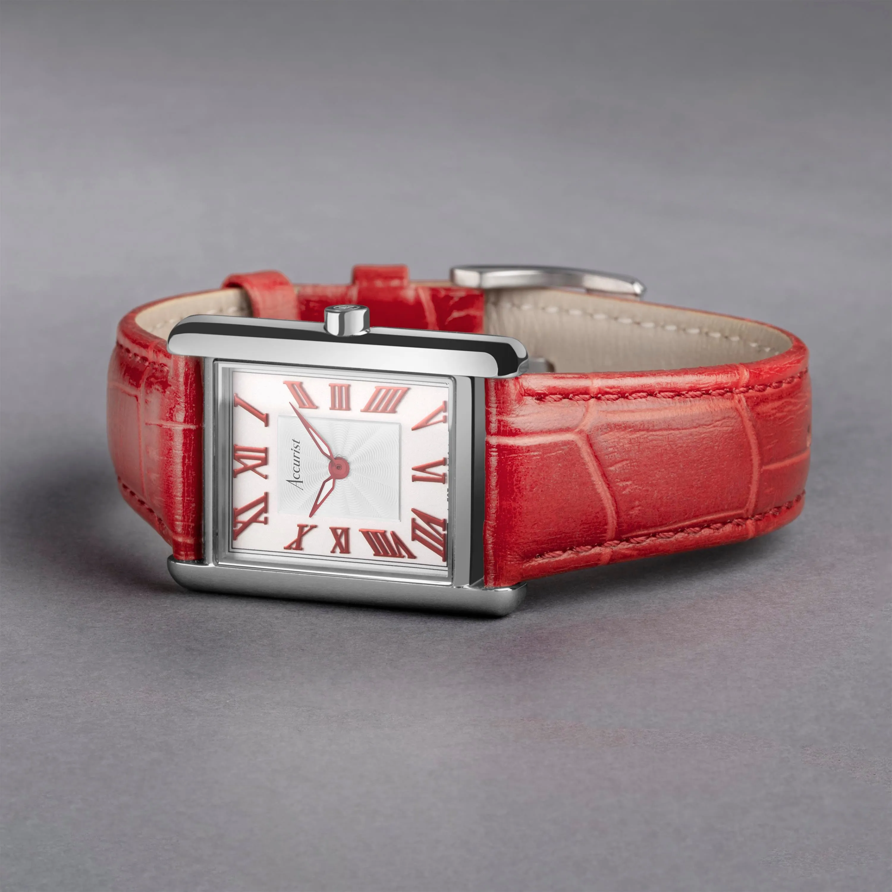 Accurist Rectangle Silver Case & Red Leather Strap with White Dial 26mm Ladies Watch