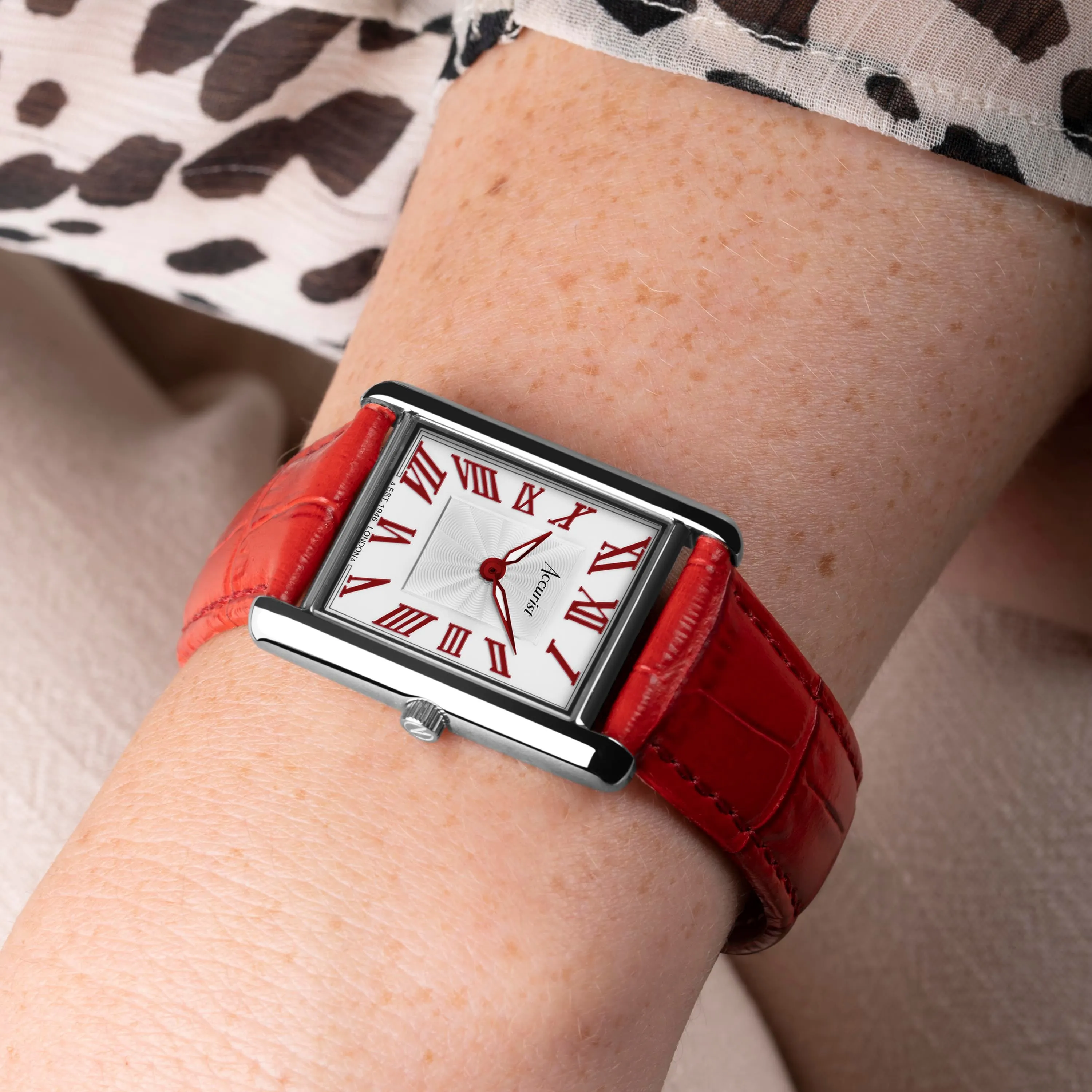 Accurist Rectangle Silver Case & Red Leather Strap with White Dial 26mm Ladies Watch