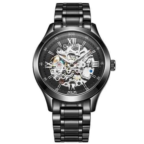 ANGELA BOS 9008 Mechanical Men Watch Automatic Pointer Black Dial Stainless Steel Watches