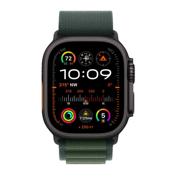 Apple Watch Ultra 2 49mm Black Titanium Case with Dark Green Alpine Loop - Medium