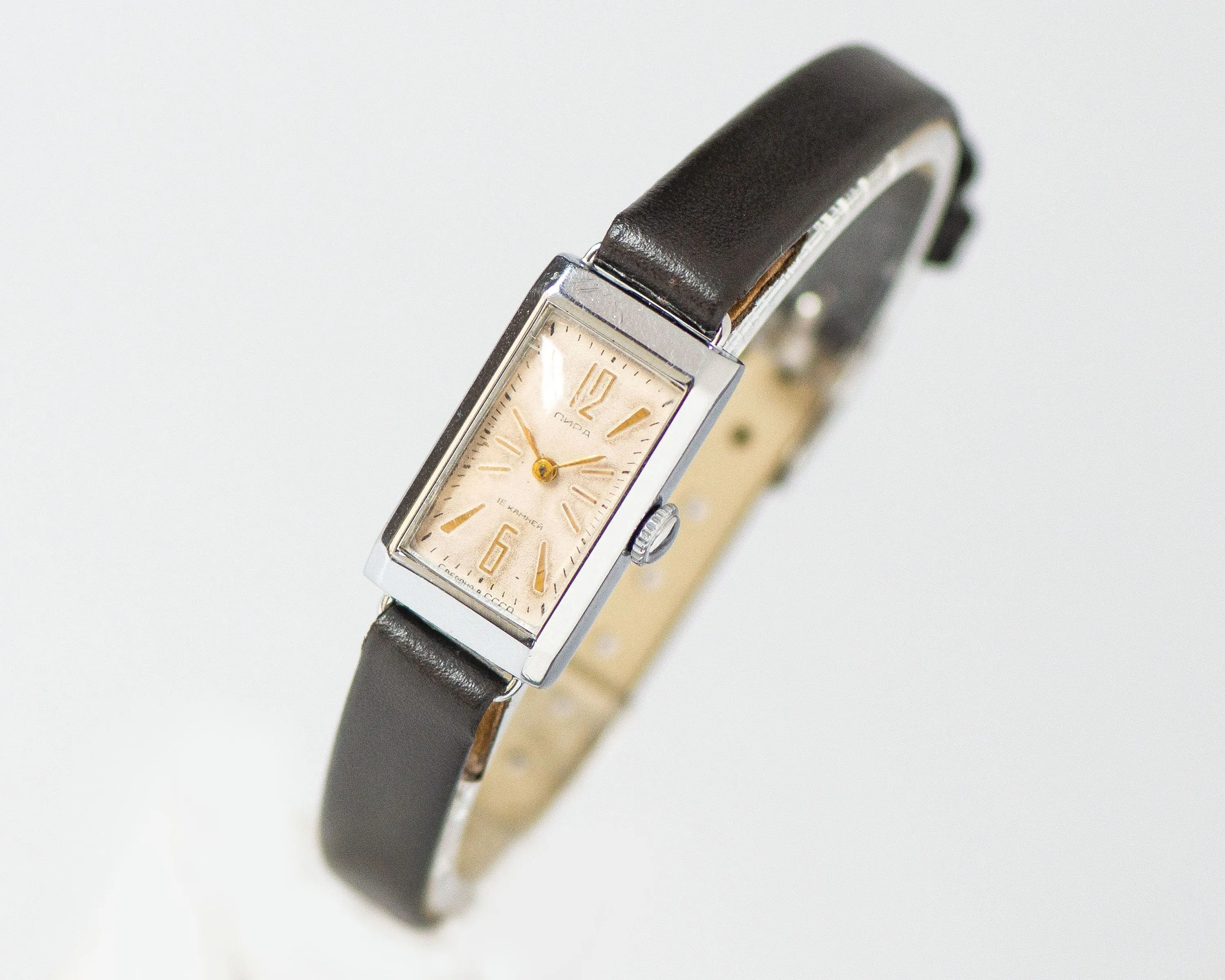 Art deco style women's watch Lyre absolutely rare, rectangular women's watch silver shade musician watch gift, new premium leather strap