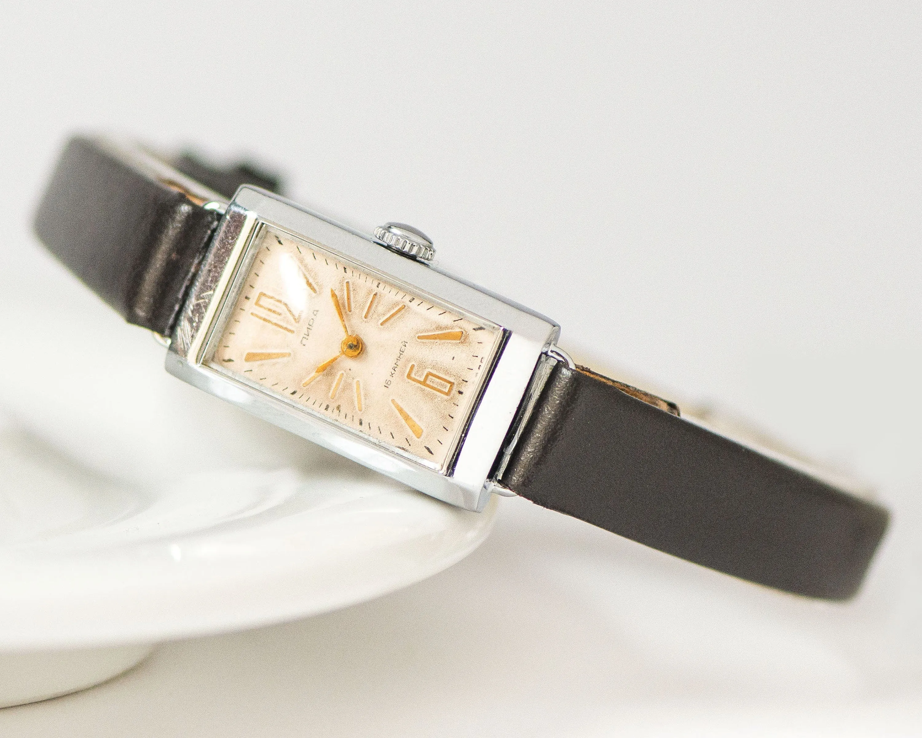 Art deco style women's watch Lyre absolutely rare, rectangular women's watch silver shade musician watch gift, new premium leather strap