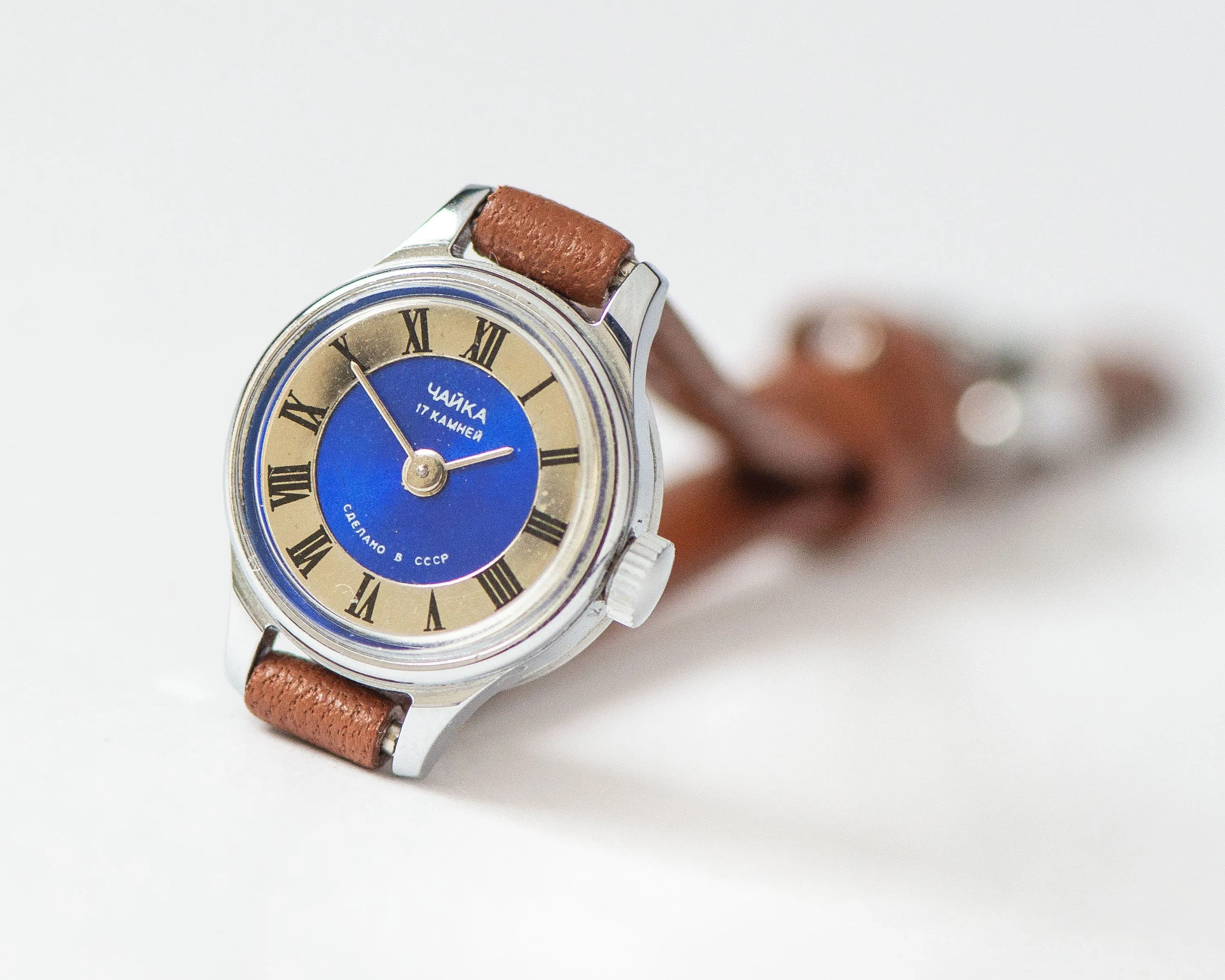 Blue women's watch Seagull vintage, 80s wrist watch delicate silver shade, Roman numerals feminine watch summer, new premium leather strap
