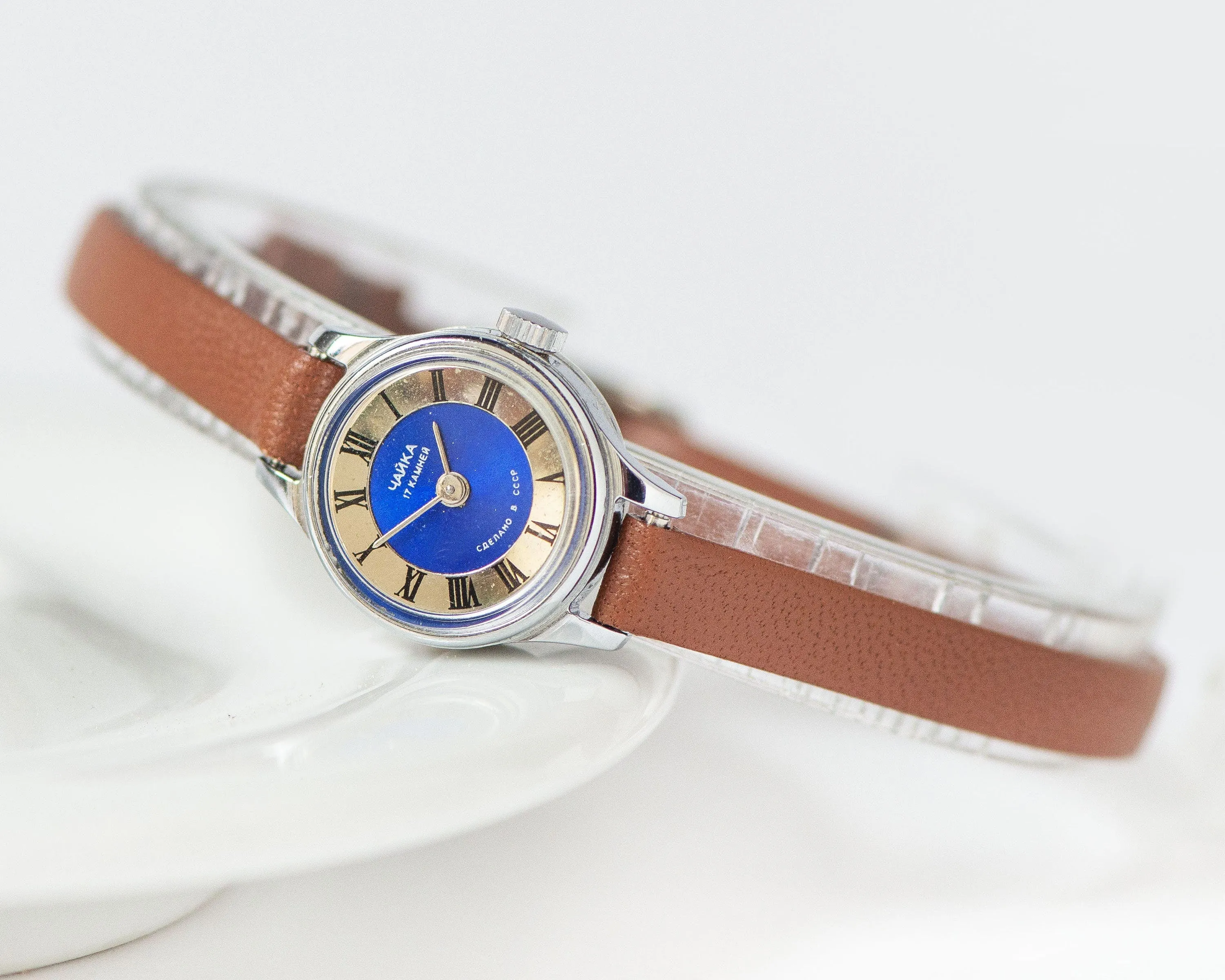 Blue women's watch Seagull vintage, 80s wrist watch delicate silver shade, Roman numerals feminine watch summer, new premium leather strap