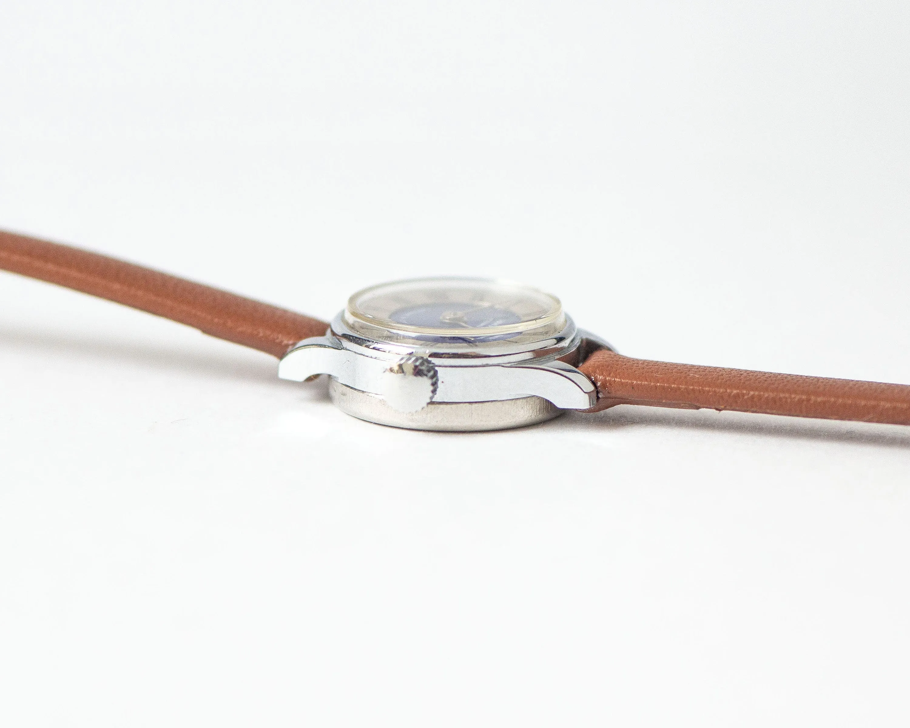 Blue women's watch Seagull vintage, 80s wrist watch delicate silver shade, Roman numerals feminine watch summer, new premium leather strap