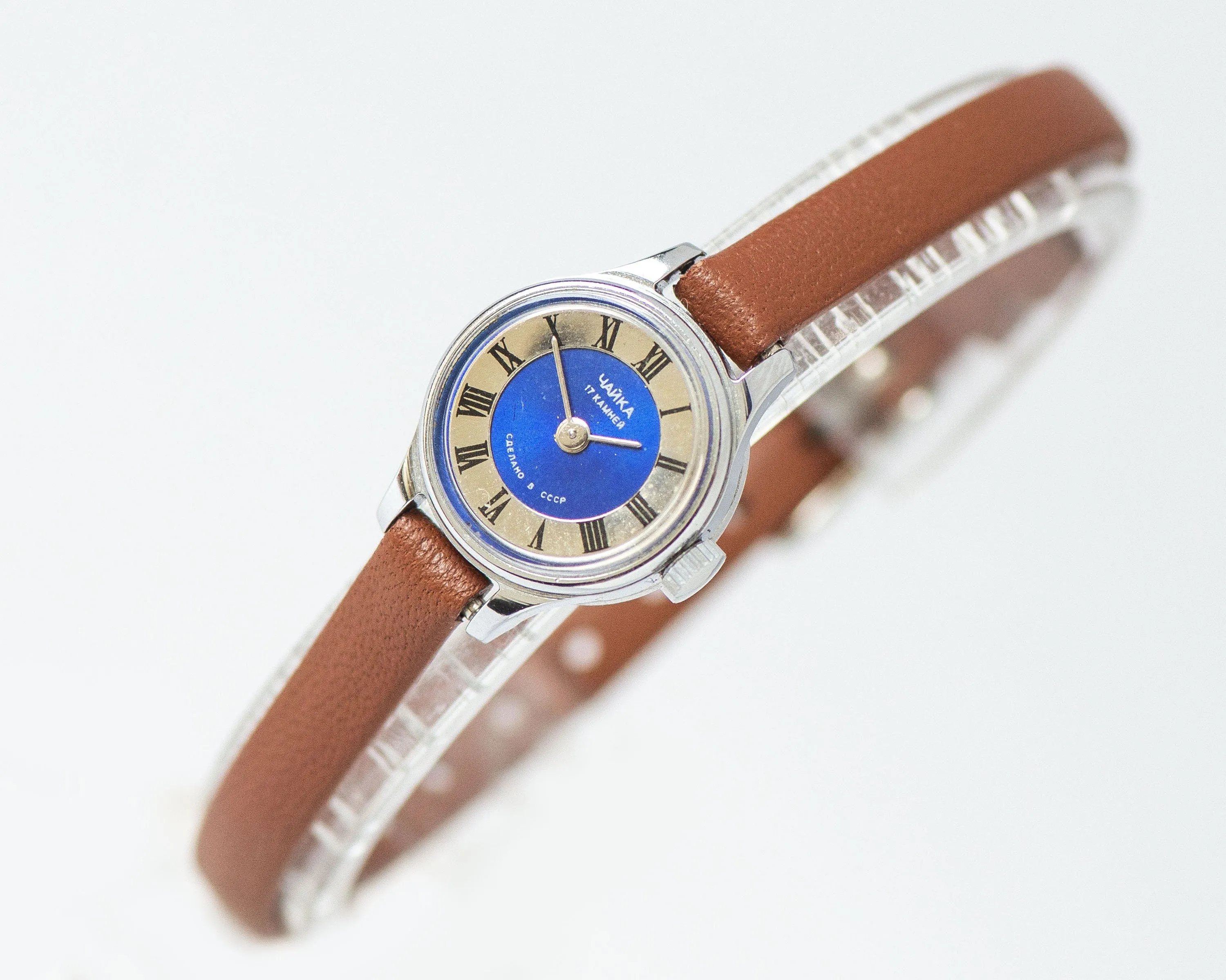 Blue women's watch Seagull vintage, 80s wrist watch delicate silver shade, Roman numerals feminine watch summer, new premium leather strap