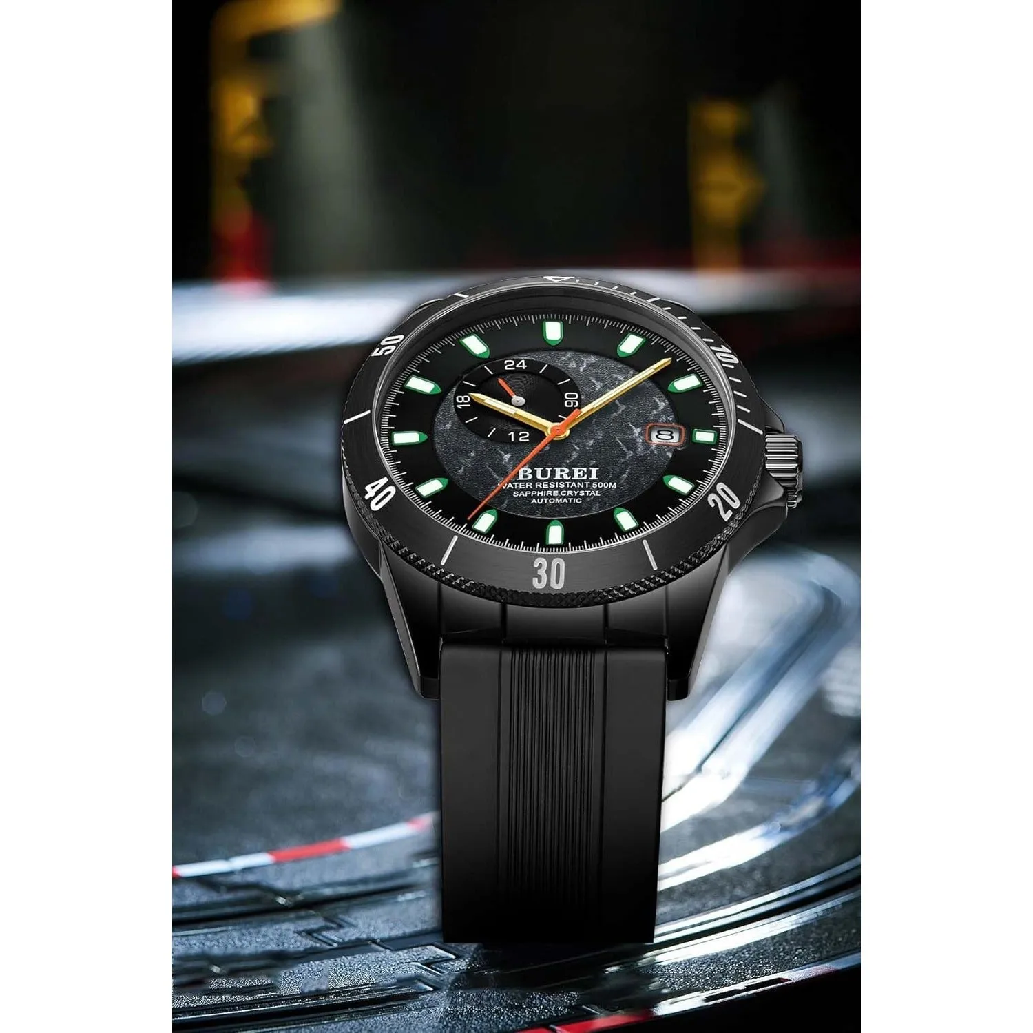 BUREI Men's Diving Watch 500 Meters Waterproof Mechanical Watch Large Dial Fashion Stainless Steel Watch Silicone Strap Luminous Pointer
