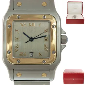 Cartier Santos 18k Gold Steel Two Tone 29mm Silver Roman Quartz 187901 Watch