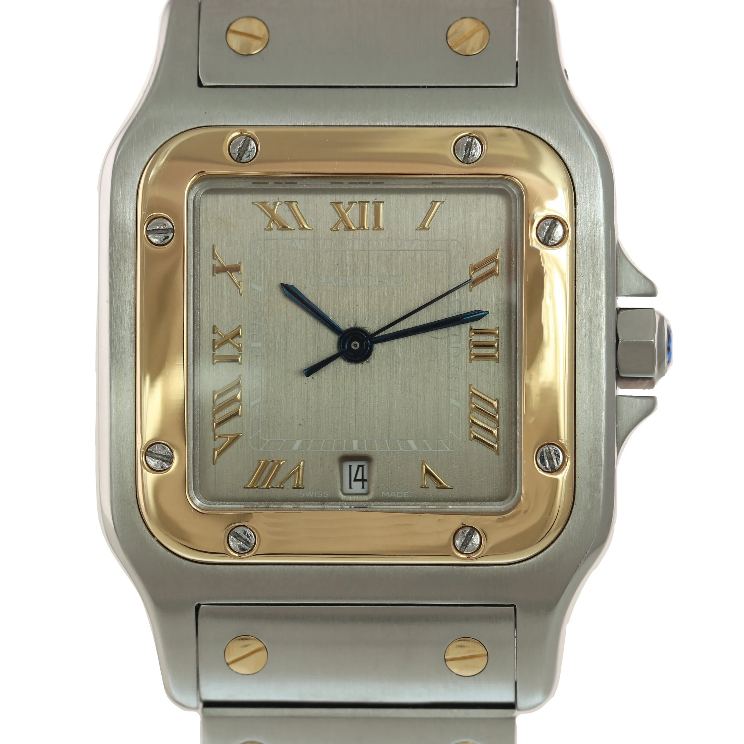 Cartier Santos 18k Gold Steel Two Tone 29mm Silver Roman Quartz 187901 Watch