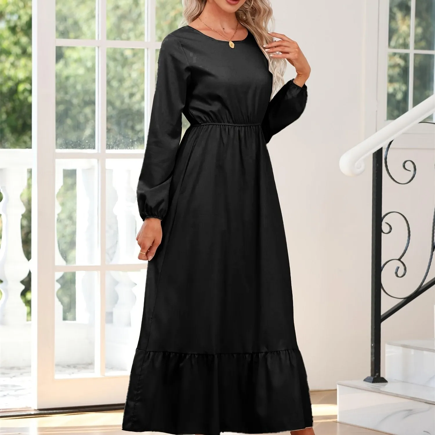 Casual Long Sleeve Solid Elastic Waist Ruffle Hem Party Dress for Women