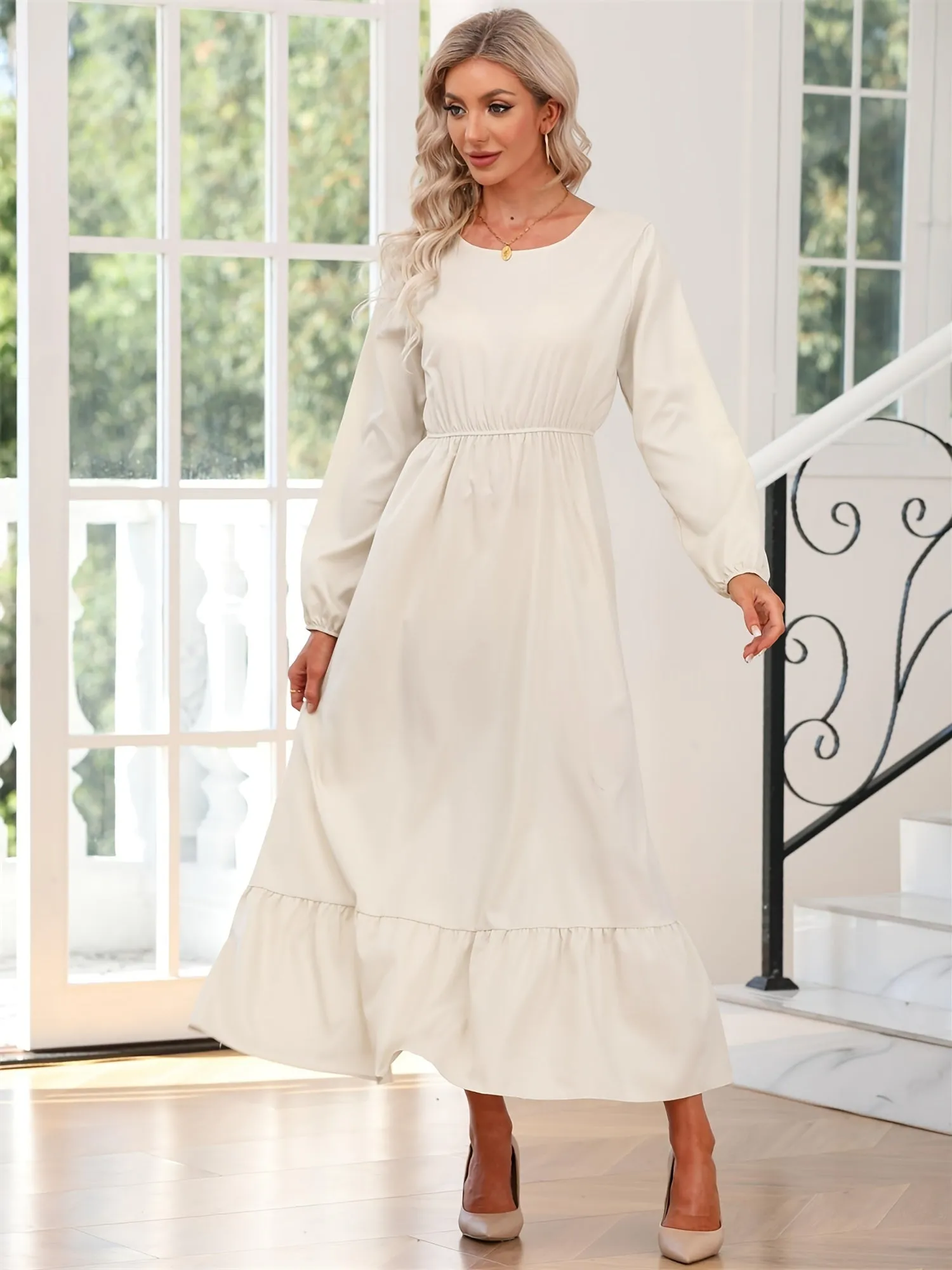 Casual Long Sleeve Solid Elastic Waist Ruffle Hem Party Dress for Women