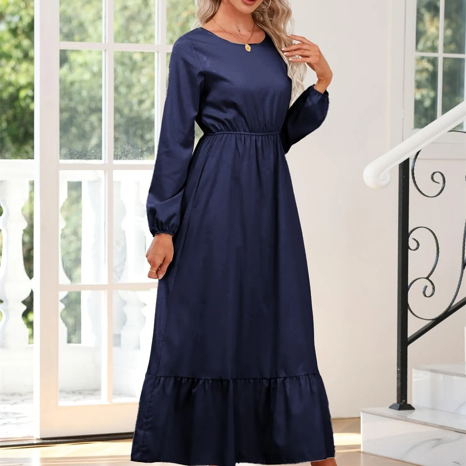 Casual Long Sleeve Solid Elastic Waist Ruffle Hem Party Dress for Women