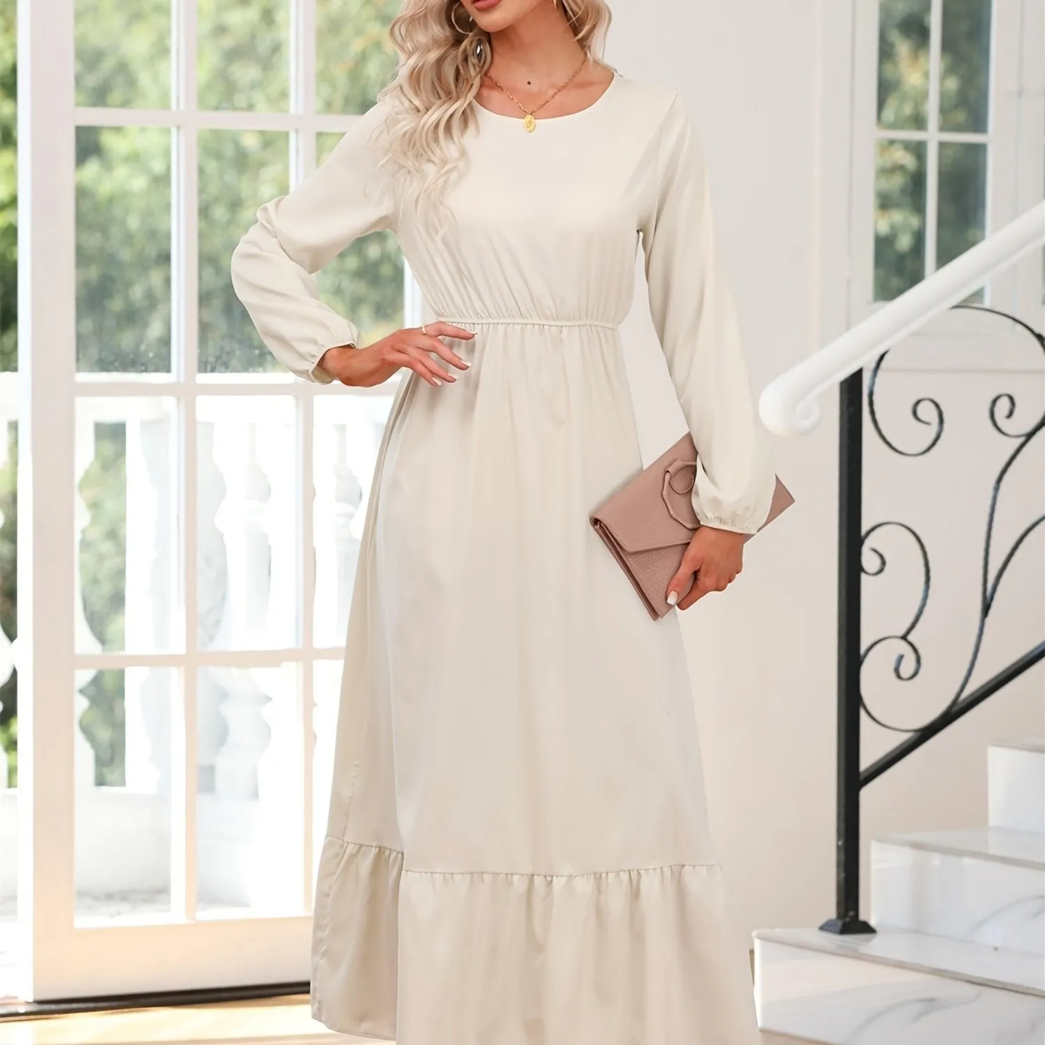 Casual Long Sleeve Solid Elastic Waist Ruffle Hem Party Dress for Women
