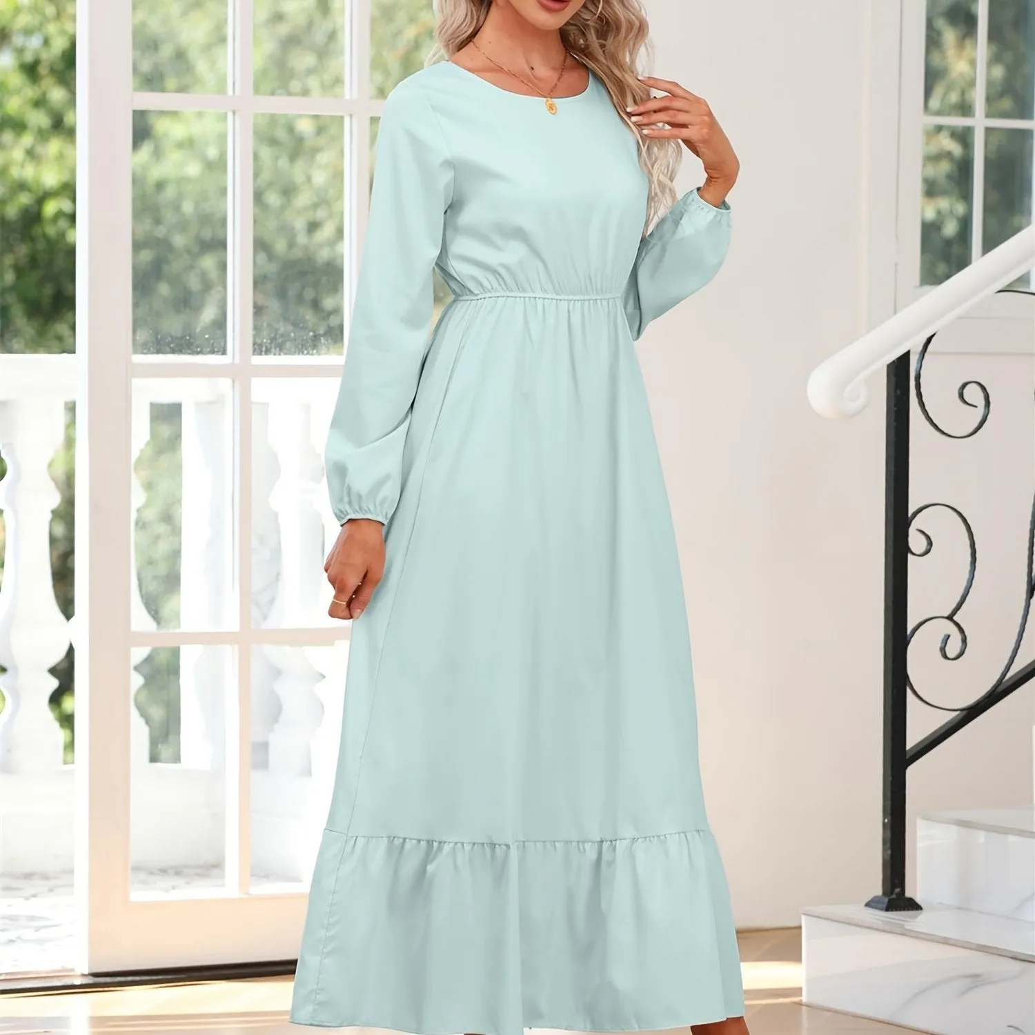 Casual Long Sleeve Solid Elastic Waist Ruffle Hem Party Dress for Women
