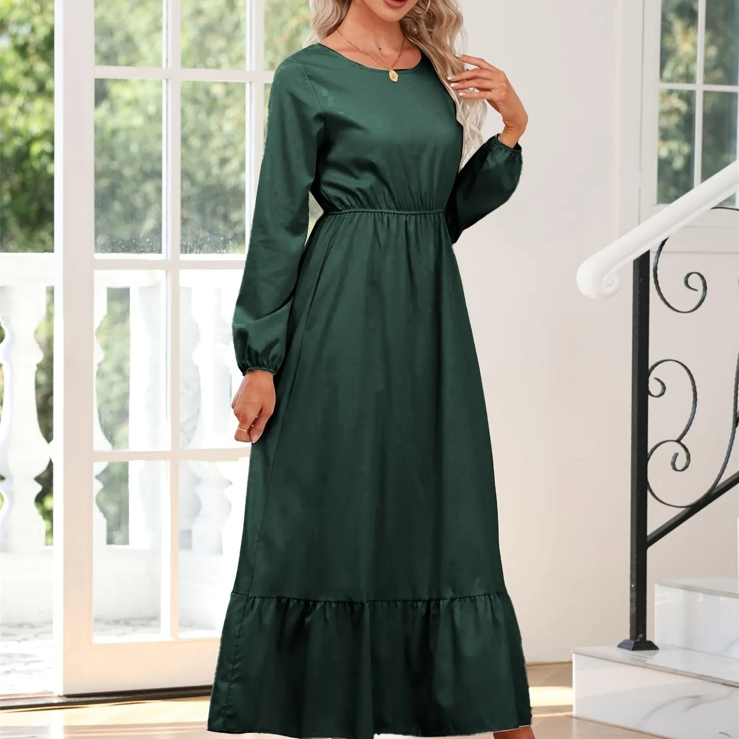 Casual Long Sleeve Solid Elastic Waist Ruffle Hem Party Dress for Women