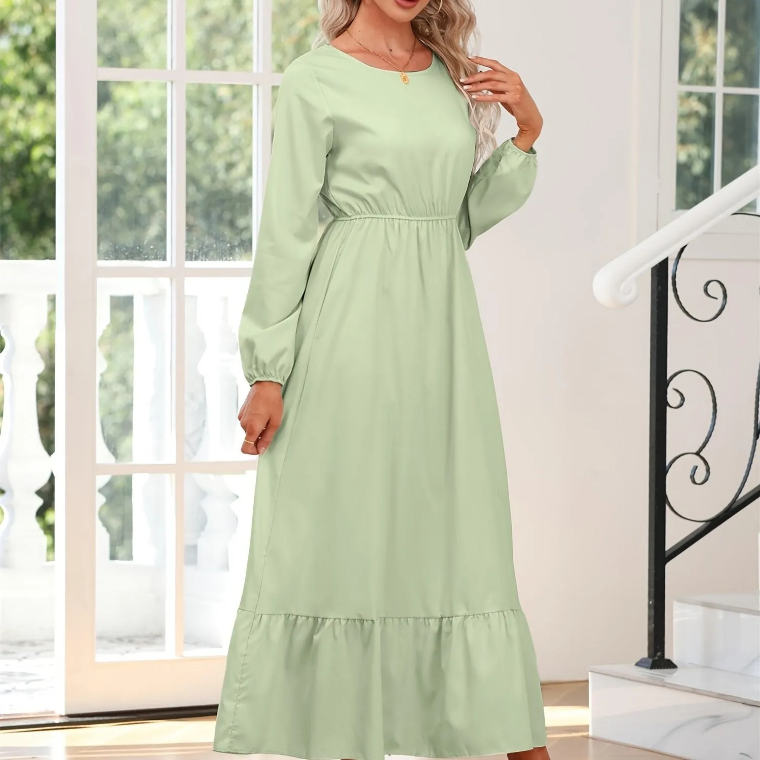 Casual Long Sleeve Solid Elastic Waist Ruffle Hem Party Dress for Women