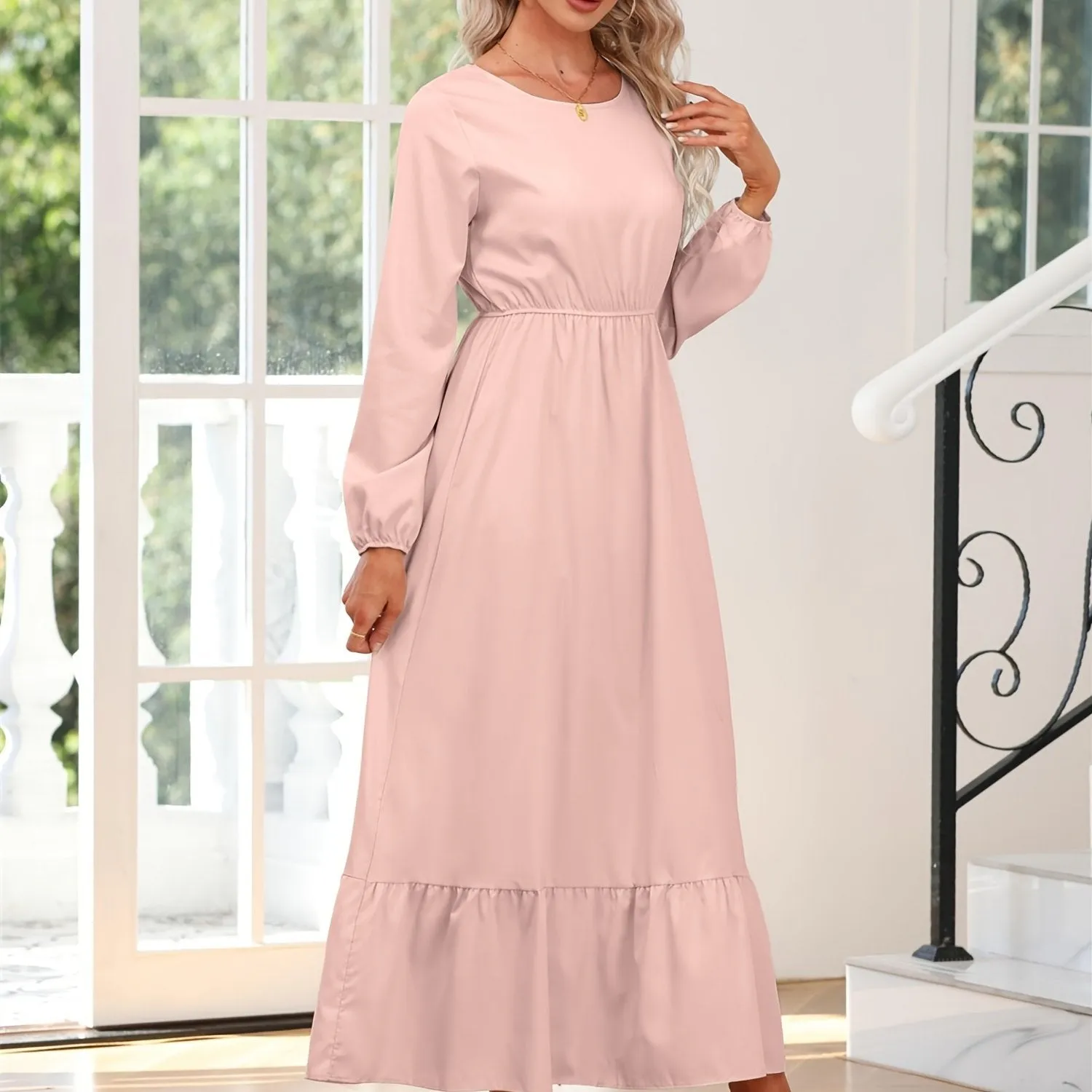 Casual Long Sleeve Solid Elastic Waist Ruffle Hem Party Dress for Women