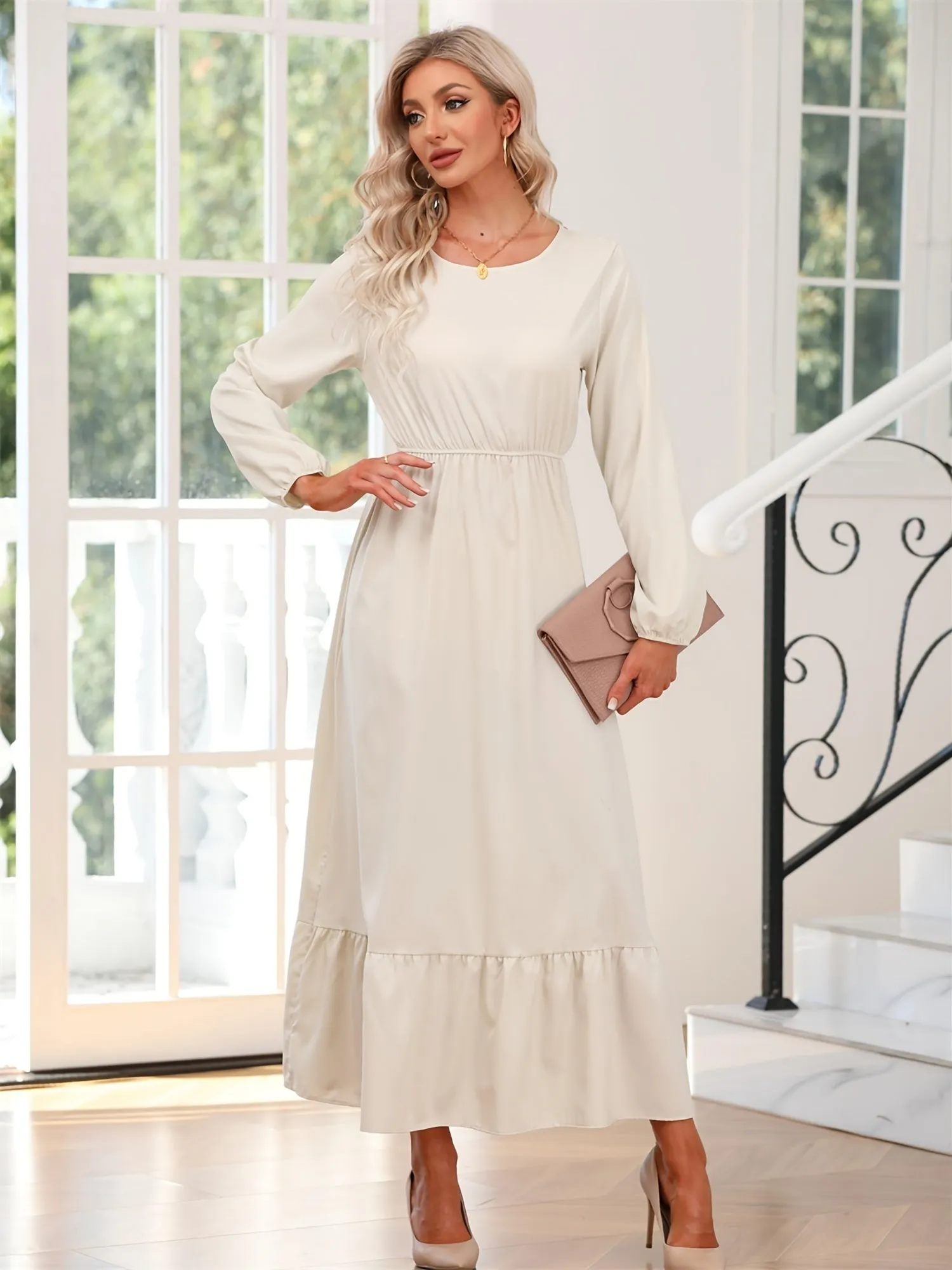 Casual Long Sleeve Solid Elastic Waist Ruffle Hem Party Dress for Women