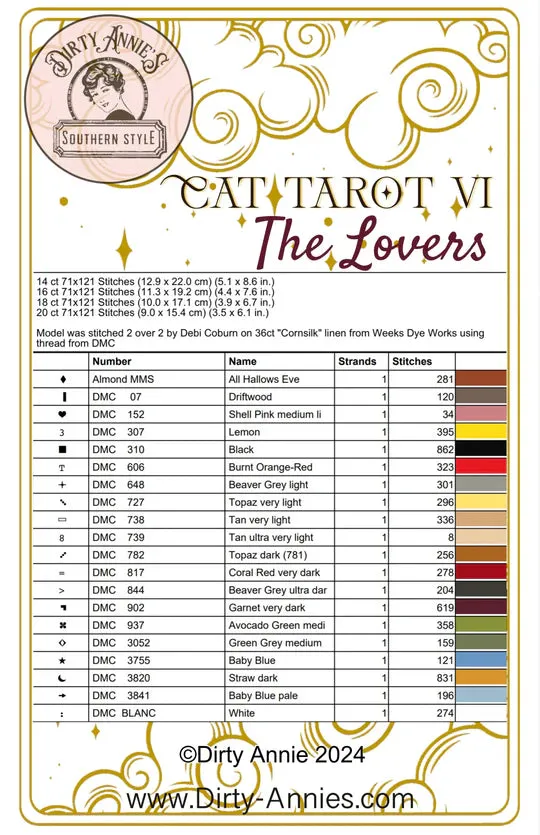 Cat Tarot VI - The Lovers - Dirty Annie's - Cross Stitch Pattern