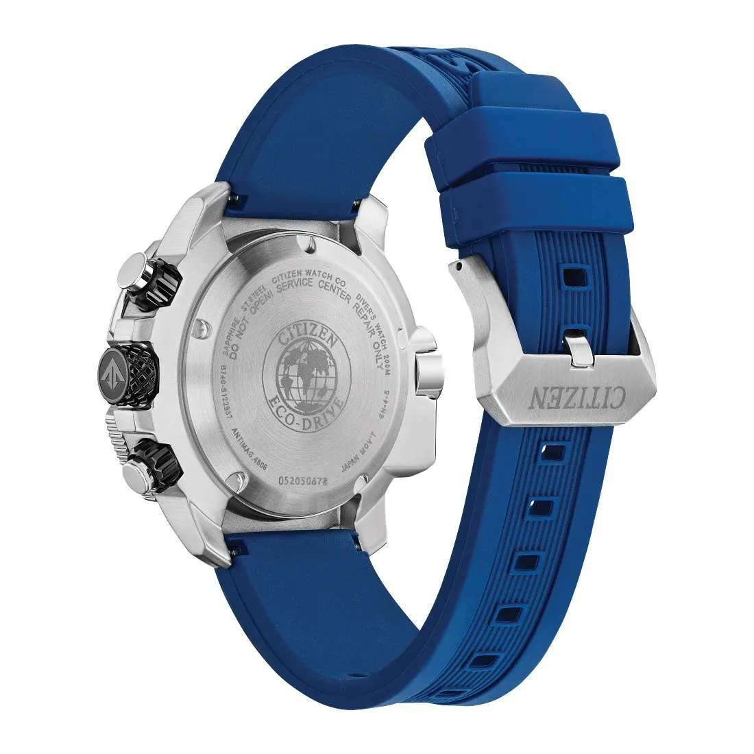 Citizen Promaster Aqualand Mens Divers Eco Drive Chronograph Silver Tone Blue Strap Watch