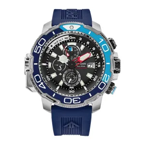 Citizen Promaster Aqualand Mens Divers Eco Drive Chronograph Silver Tone Blue Strap Watch