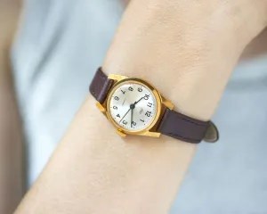 Classic watch for women vintage Dawn, gold plated lady wristwatch minimalist, delicate women timepiece simple gift, new genuine leather band