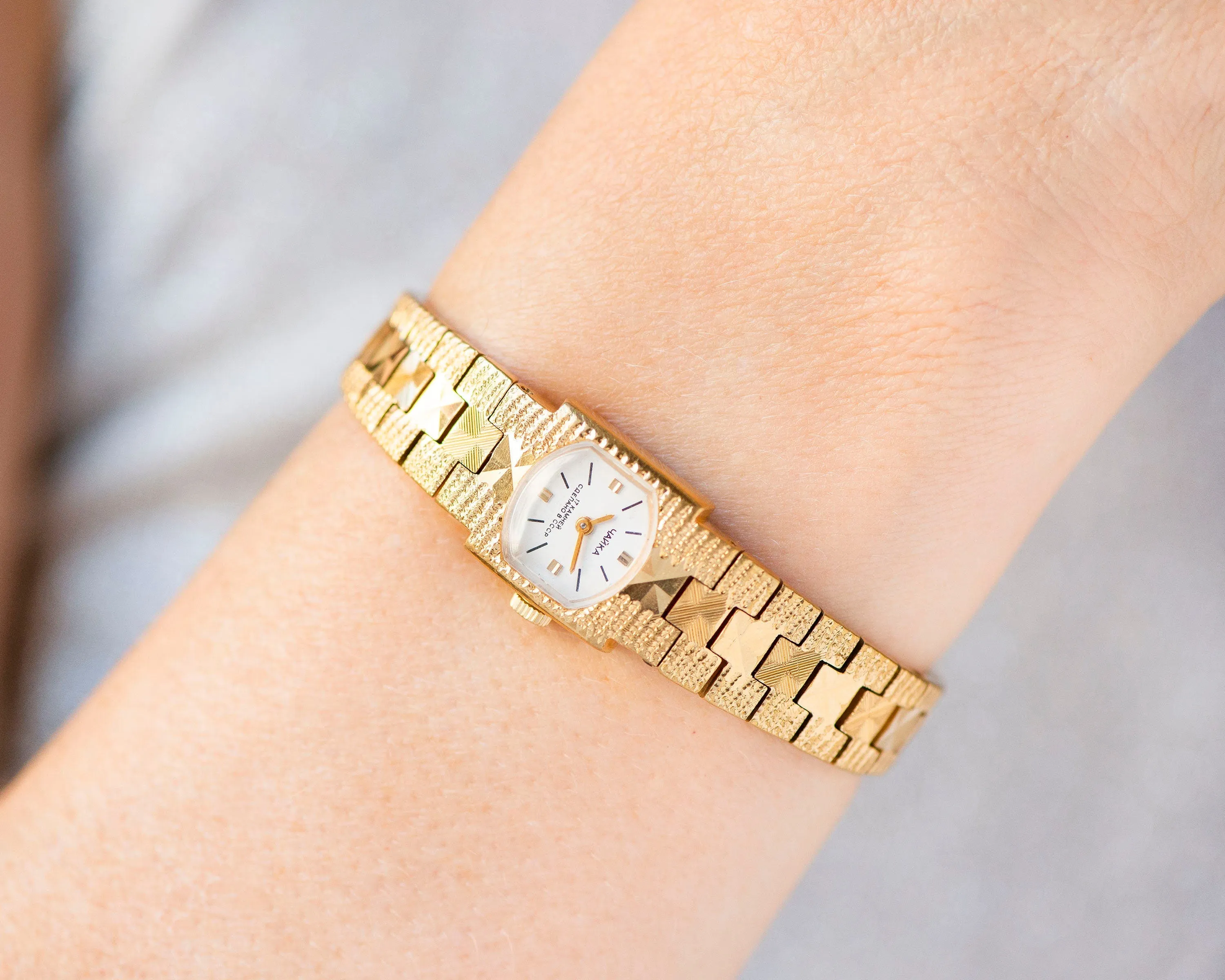 Cocktail watch bracelet for women gold plated case, posh bracelet lady wristwatch vintage dainty lady timepiece bangle Seagull delicate gift