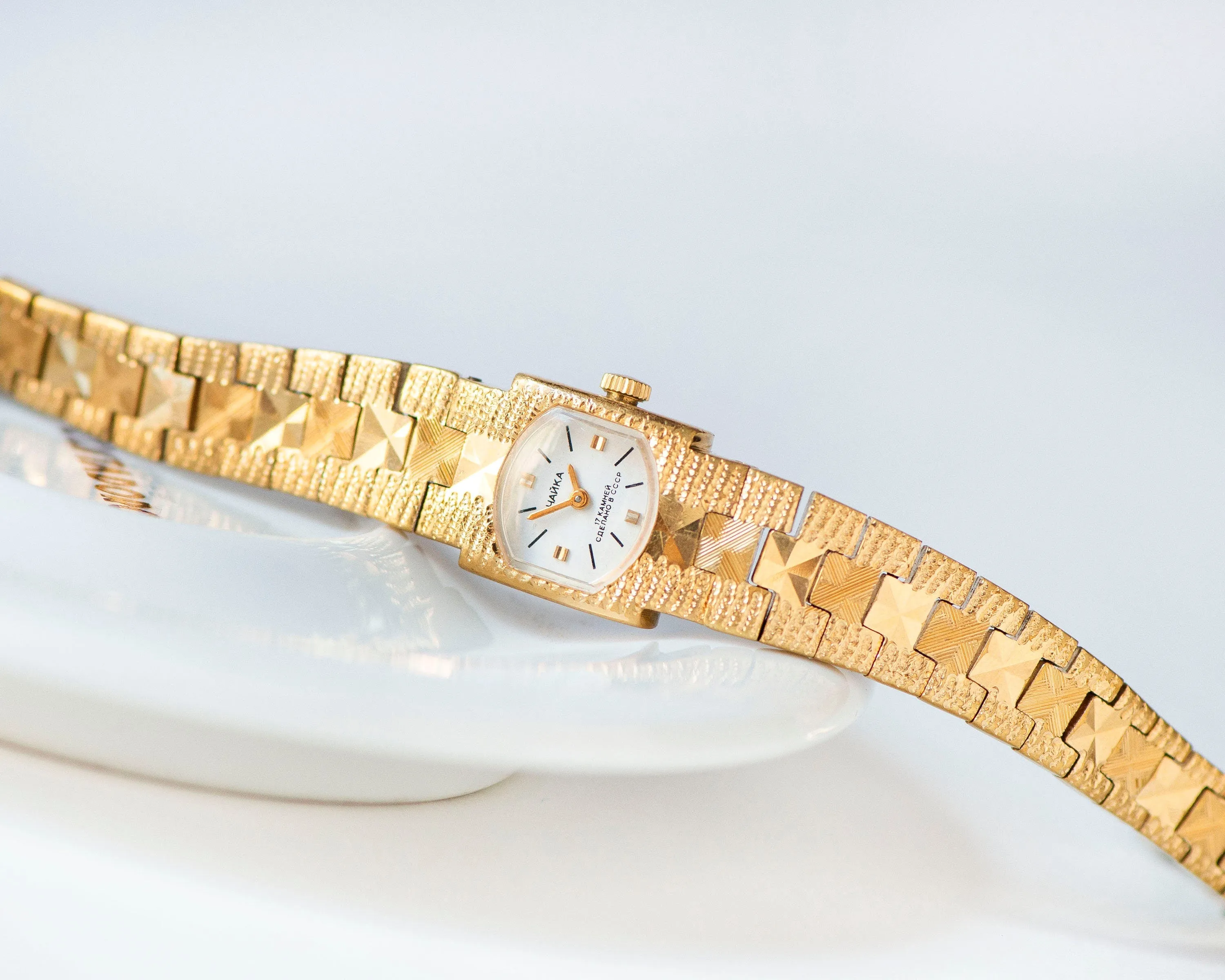 Cocktail watch bracelet for women gold plated case, posh bracelet lady wristwatch vintage dainty lady timepiece bangle Seagull delicate gift