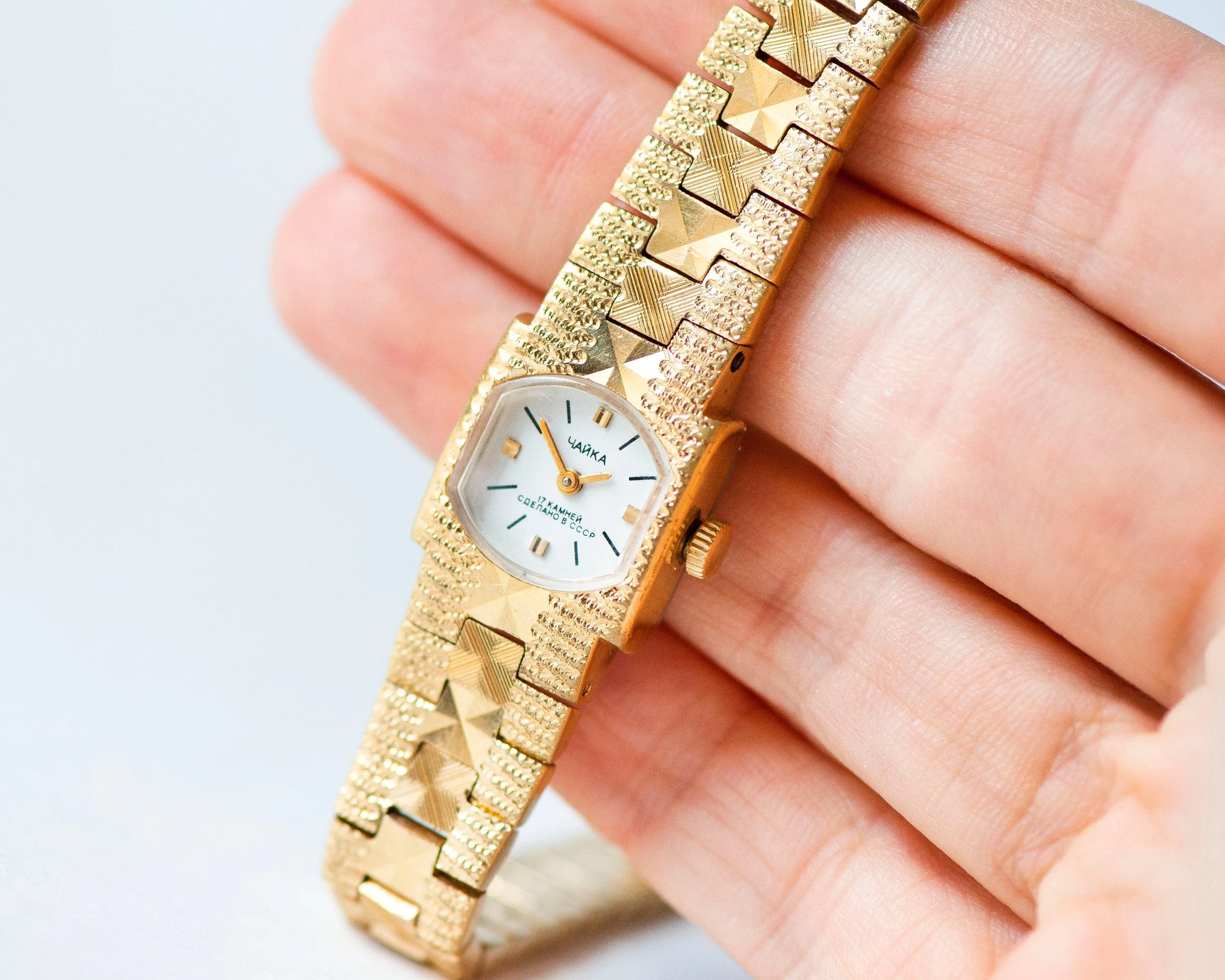 Cocktail watch bracelet for women gold plated case, posh bracelet lady wristwatch vintage dainty lady timepiece bangle Seagull delicate gift