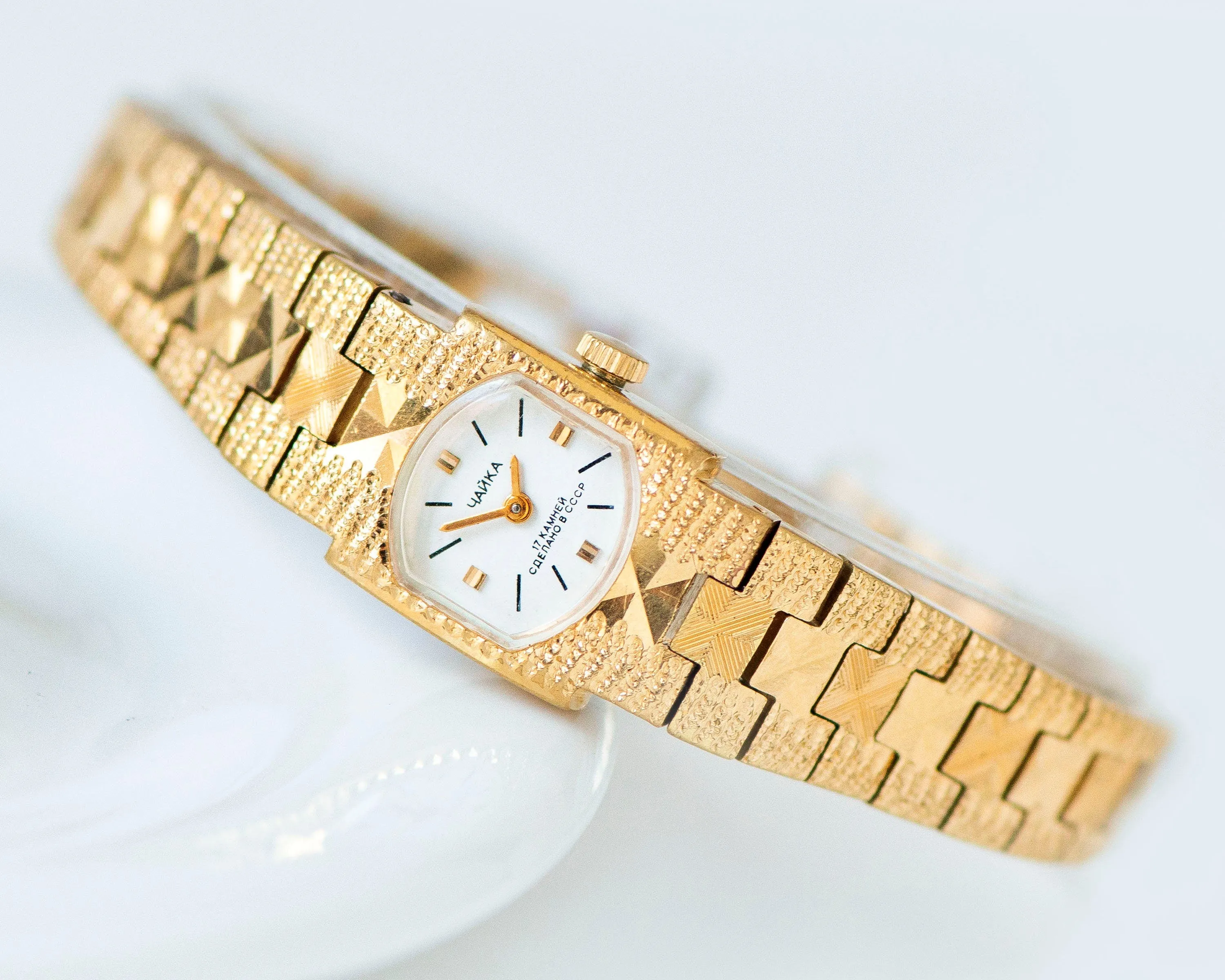 Cocktail watch bracelet for women gold plated case, posh bracelet lady wristwatch vintage dainty lady timepiece bangle Seagull delicate gift