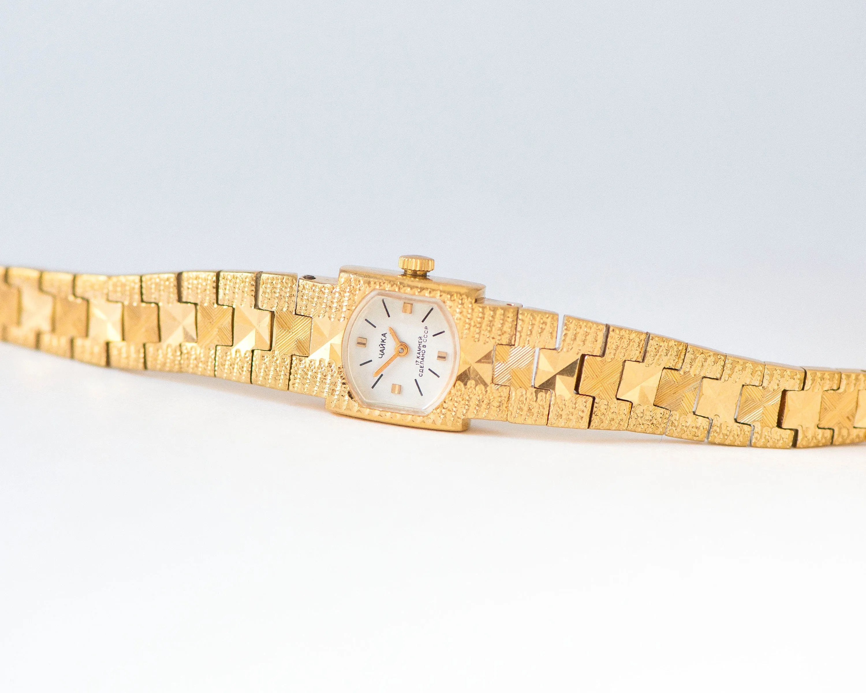 Cocktail watch bracelet for women gold plated case, posh bracelet lady wristwatch vintage dainty lady timepiece bangle Seagull delicate gift