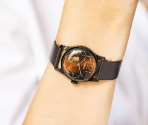 Dark brown wristwatch tomboy Pobeda Victory, black round watch unisex, modern women's watch, mint condition watch, new premium leather strap