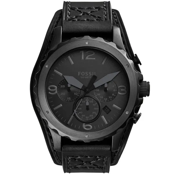 Fossil Nate Black Leather Strap Black Dial Chronograph Quartz Watch for Gents - JR1510