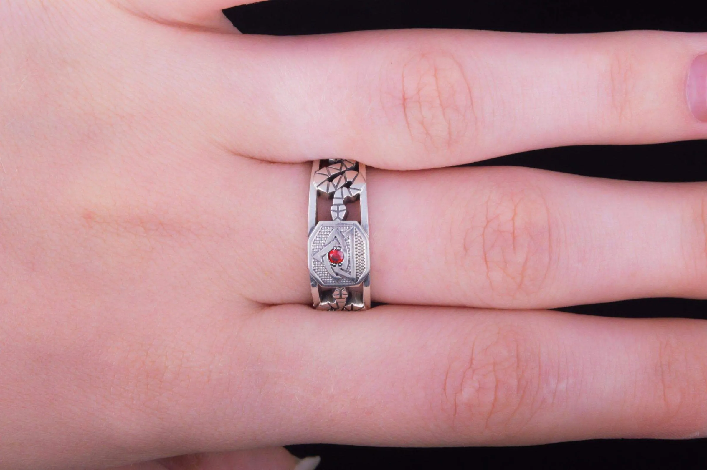 Freemason Eye of Providence Geometric Ring with Red Cubic Zirconia