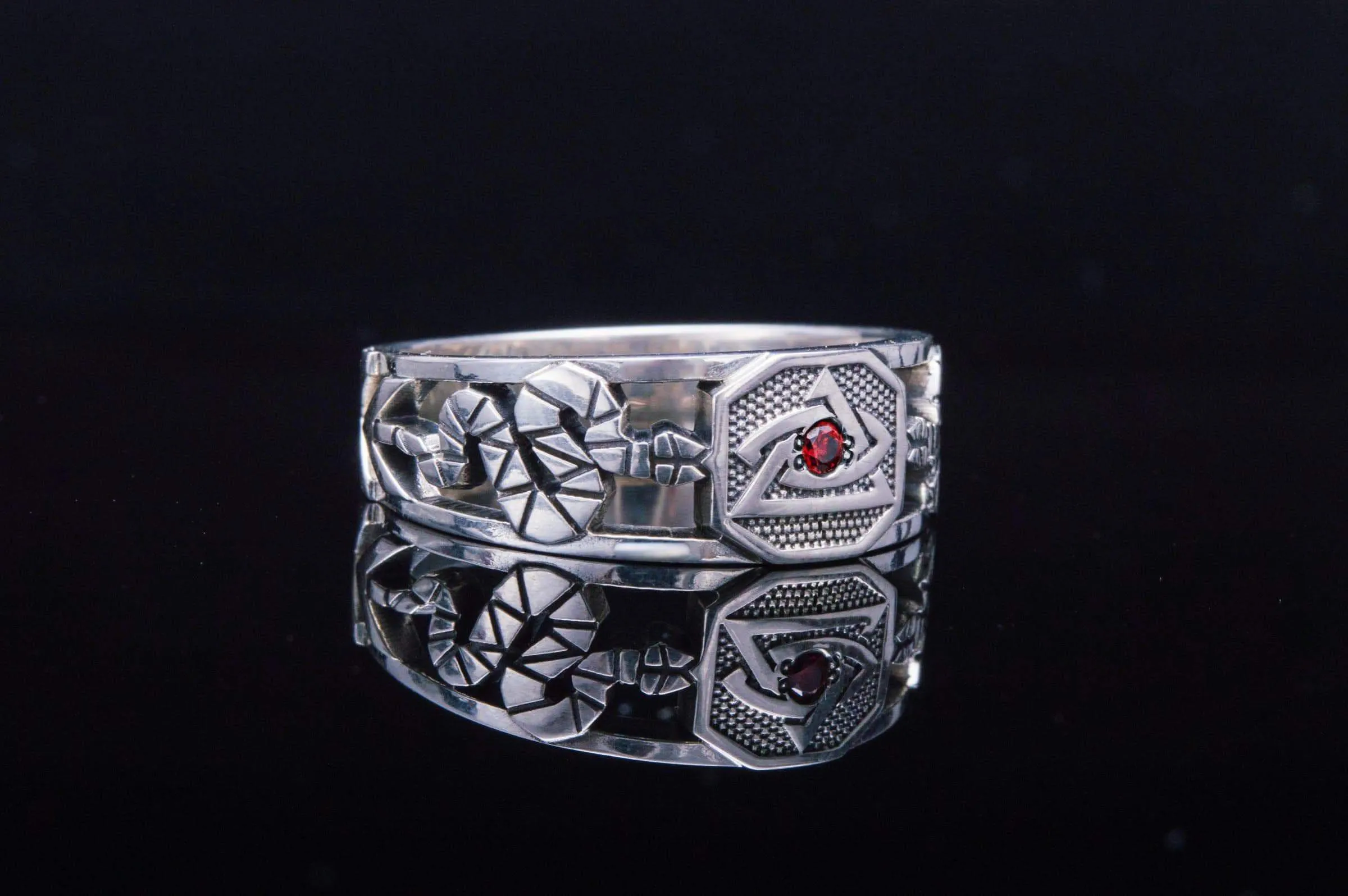 Freemason Eye of Providence Geometric Ring with Red Cubic Zirconia