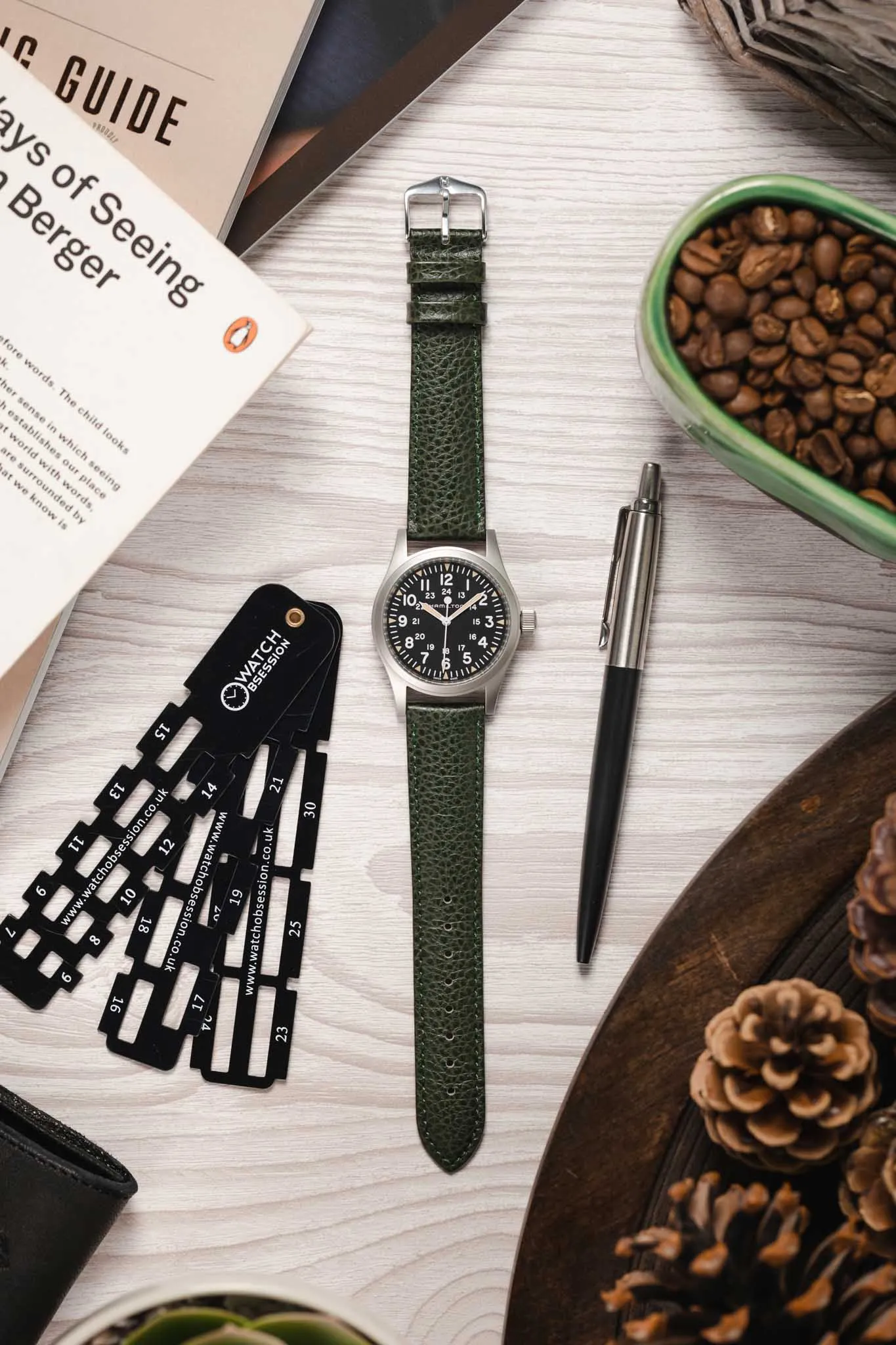Hirsch KANSAS Buffalo Embossed Calf Leather Watch Strap in GREEN