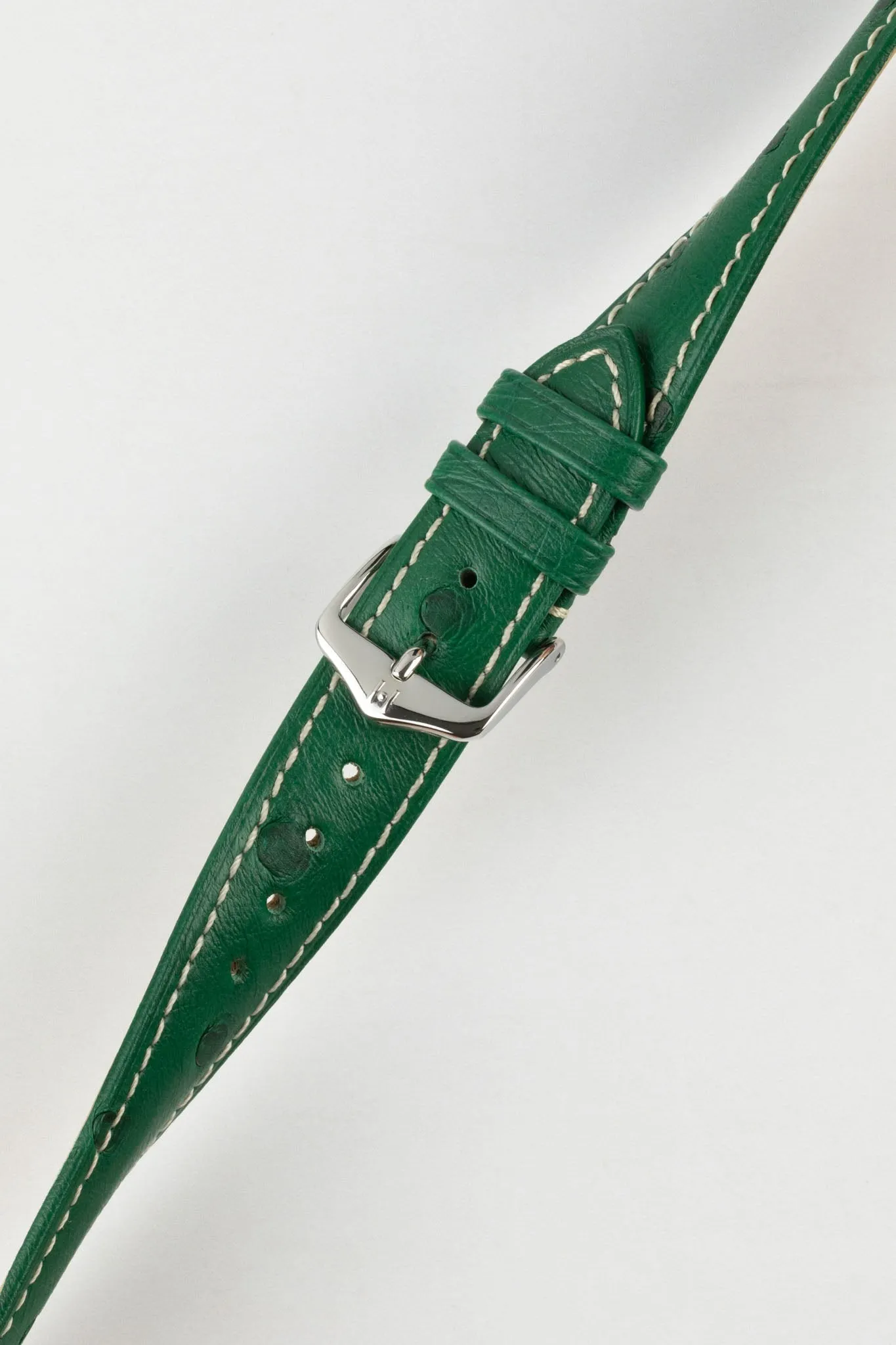 Hirsch MASSAI OSTRICH Leather Watch Strap in GREEN With WHITE Stitching