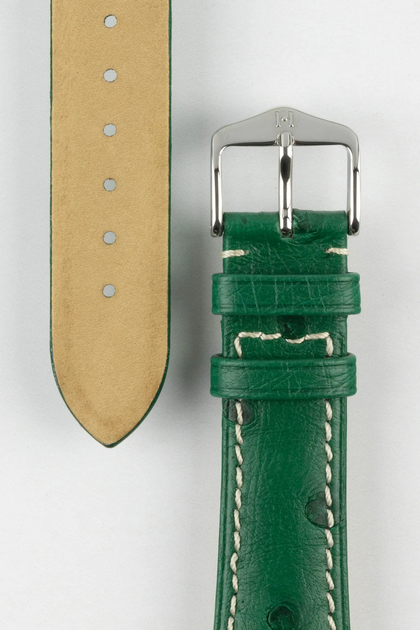 Hirsch MASSAI OSTRICH Leather Watch Strap in GREEN With WHITE Stitching